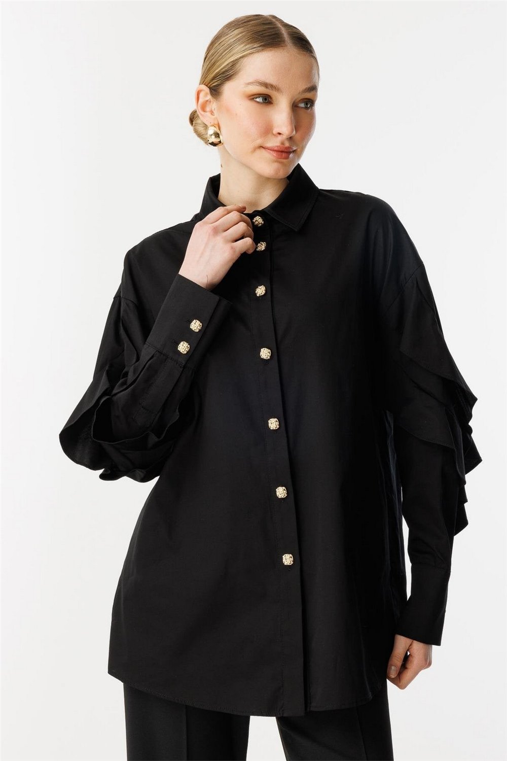 Ghisa 25YGSTNK986 Kadın Kolları Fırfır Detaylı Gold Gömlek