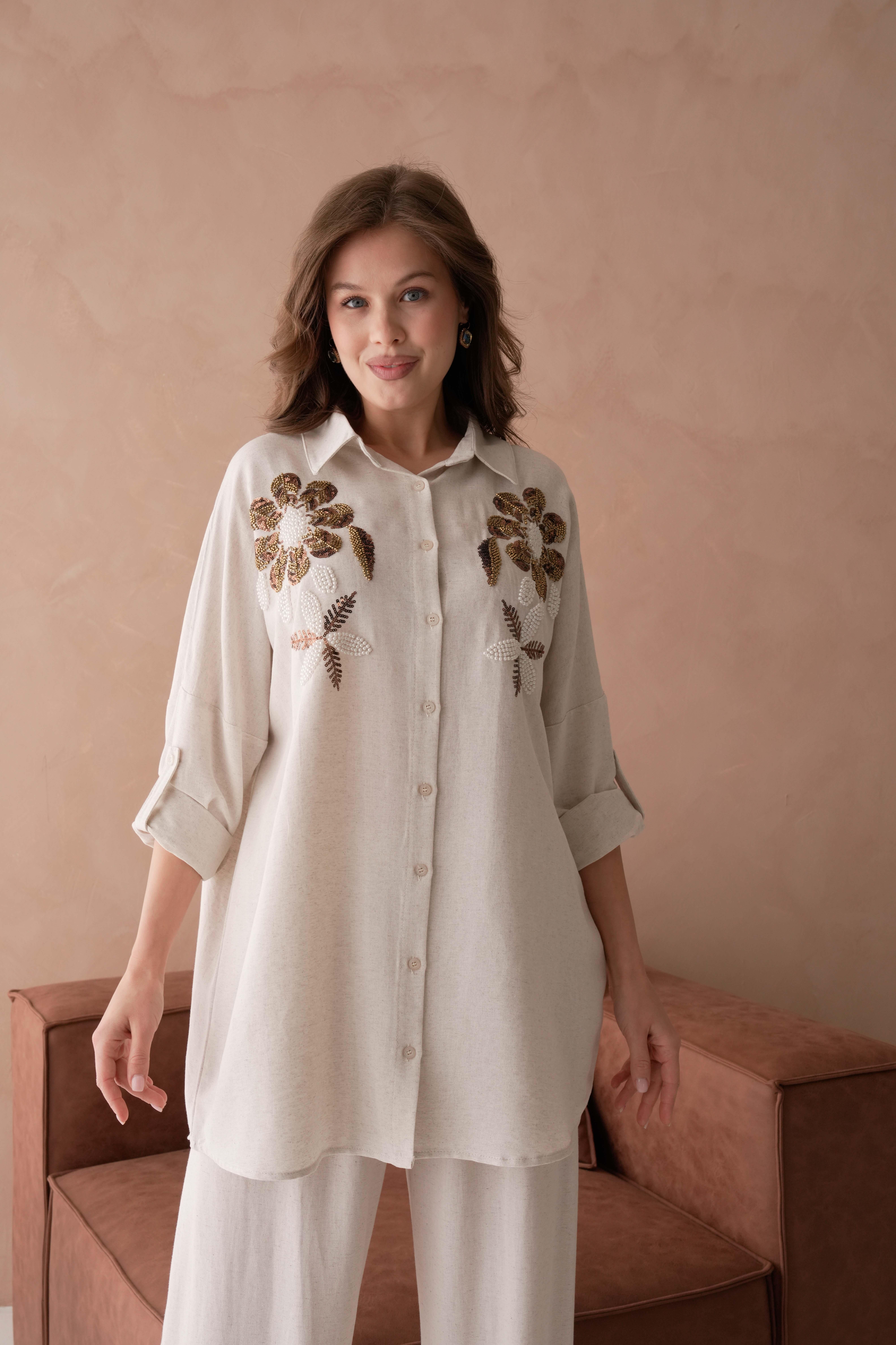 BONCUK NAKIŞ İŞLEMELİ OVERSIZE KETEN GÖMLEK17403