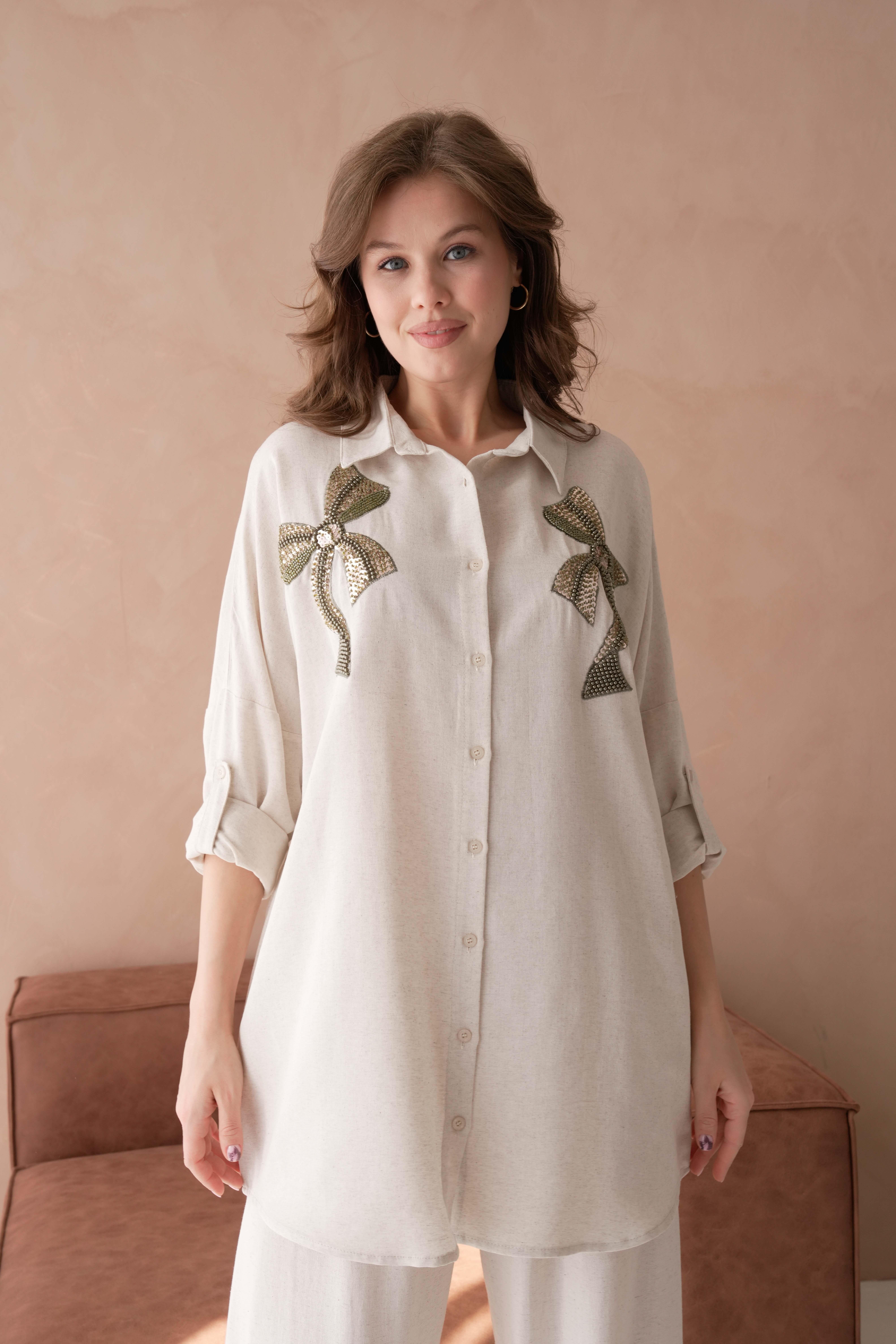 BONCUK NAKIŞ İŞLEMELİ OVERSIZE KETEN GÖMLEK17405