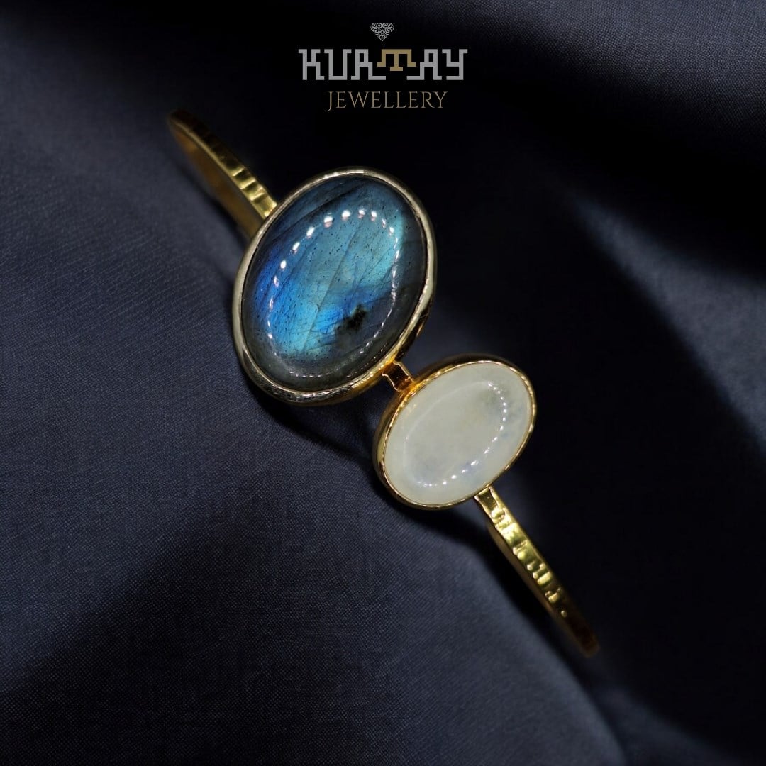 LABRORİT ve QUARTZ  22K ALTIN KAPLAMA 925 AYAR GÜMÜŞ BİLEKLİK