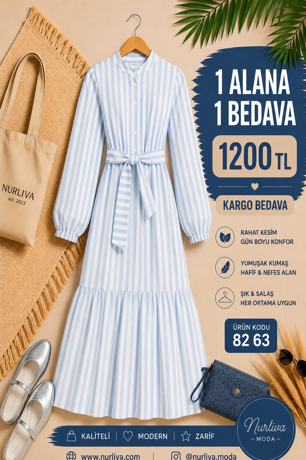  8263  GİZGİLİ YENİ SEZON SEYYAR KEMERLİ KETEN VİSKON ELBİSE  BEBE MAVİSİ 