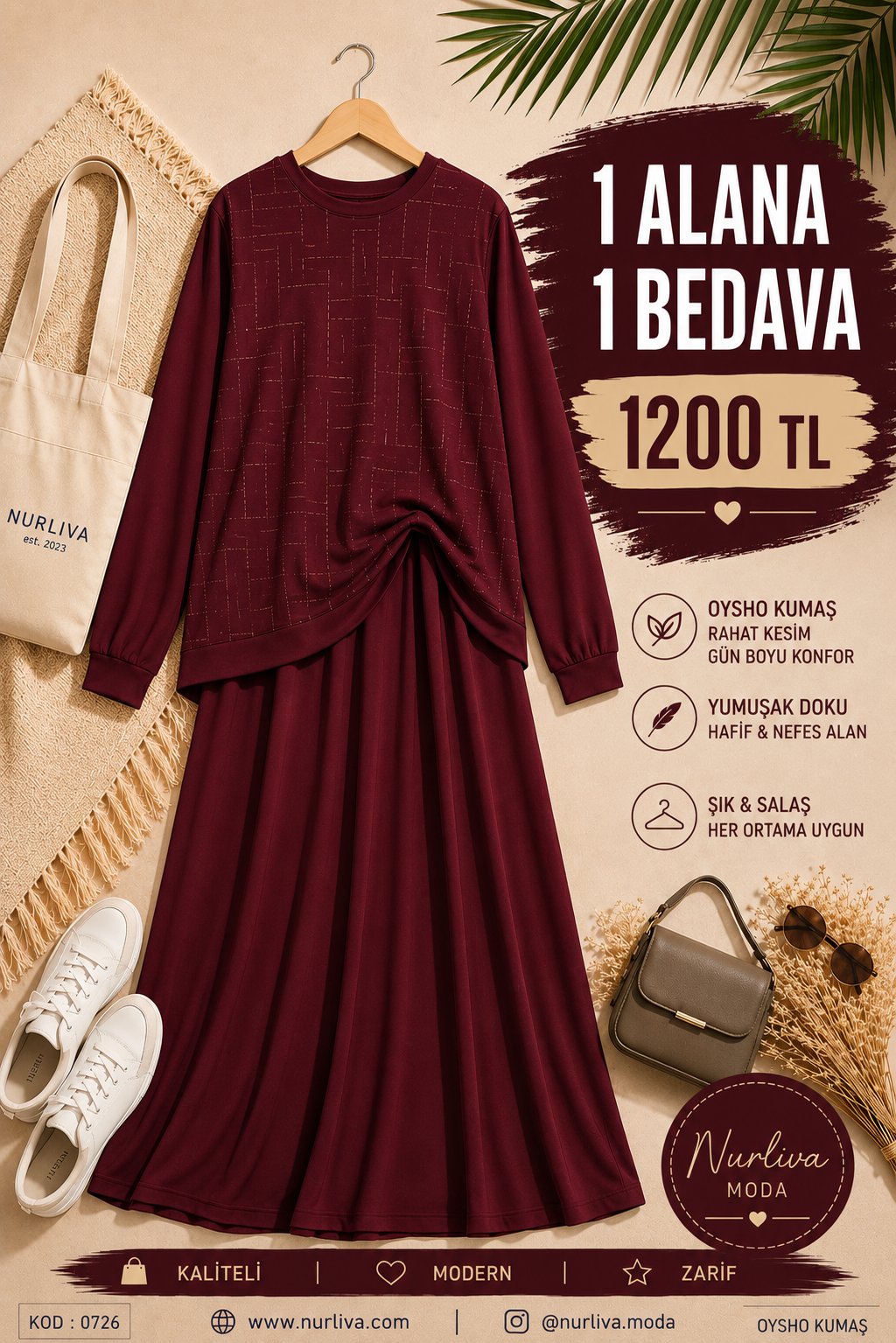 0726 OYSHO TAŞ DETAYLI ETEKLİ TAKIM  BORDO 