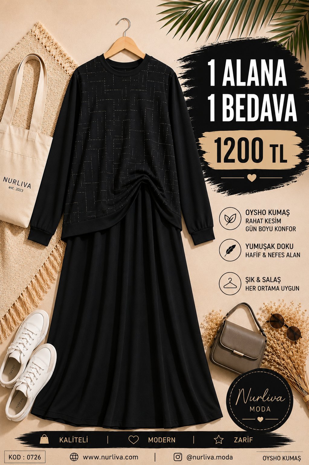 0726 OYSHO TAŞ DETAYLI ETEKLİ TAKIM  SİYAH 