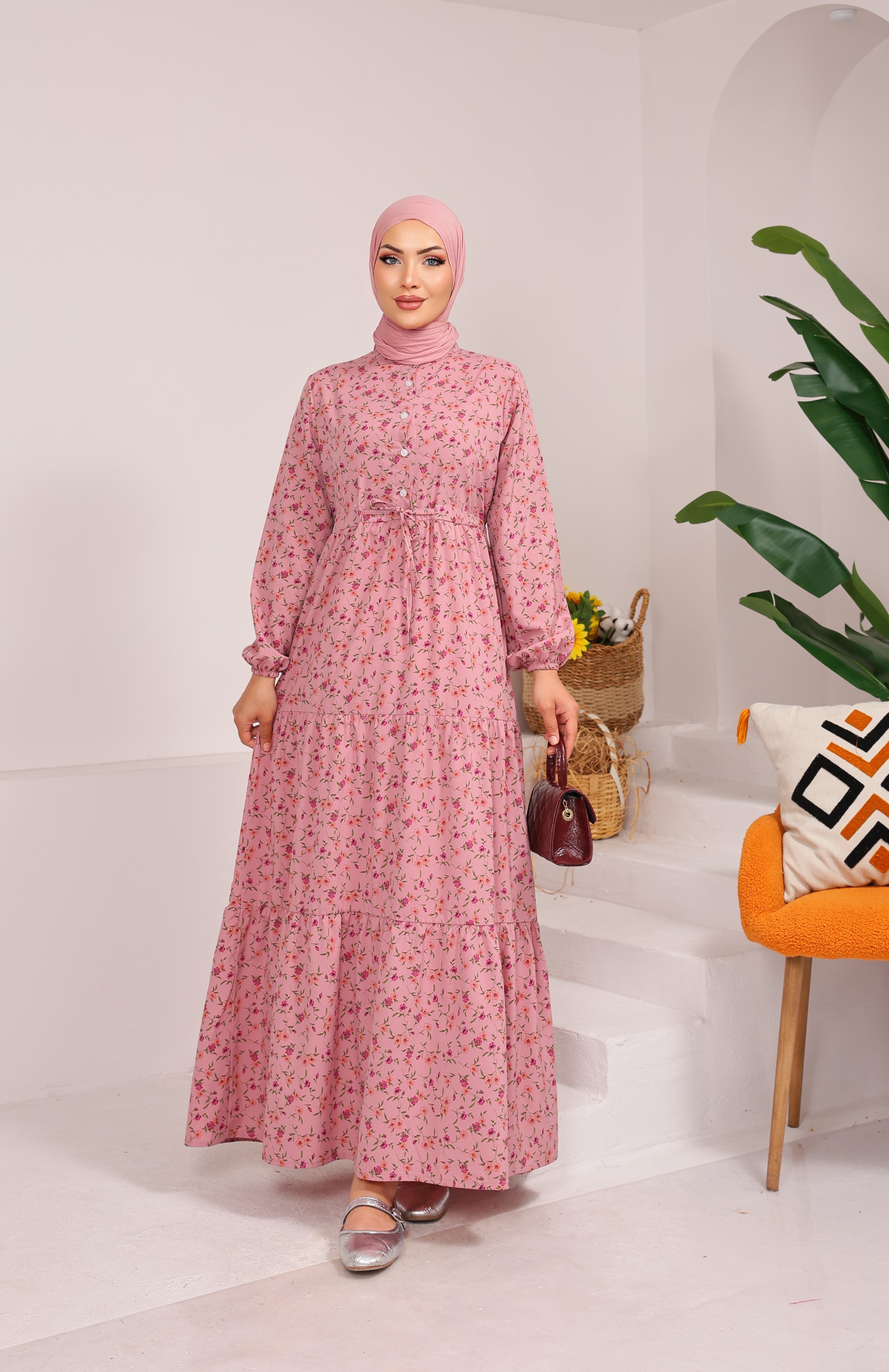 08262 ÇİÇEK DESENLİ BELDEN BAĞLAMALI VİSKON KUMAŞ ELBİSE PEMBE 