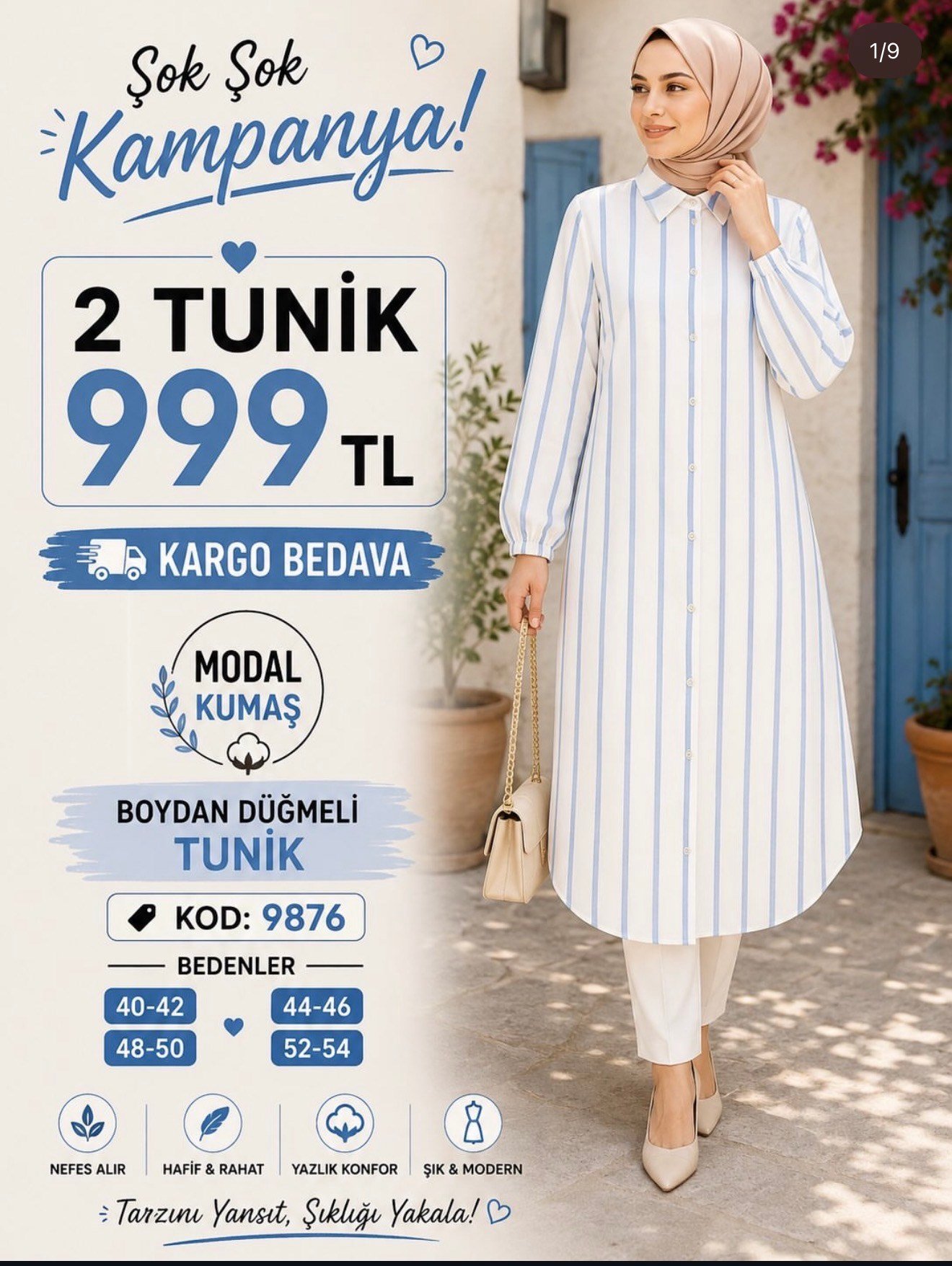 1 ALANA 1 BEDAVA 1000 TL KARGO BEDAVA MODAL KUMAŞ BOYDAN DÜĞMELİ TUNİK BEBE MAVİ 