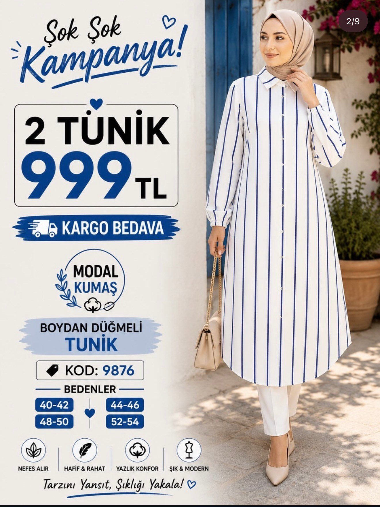 1 ALANA 1 BEDAVA 1000 TL KARGO BEDAVA MODAL KUMAŞ BOYDAN DÜĞMELİ TUNİK MAVİ ÇİZGİLİ