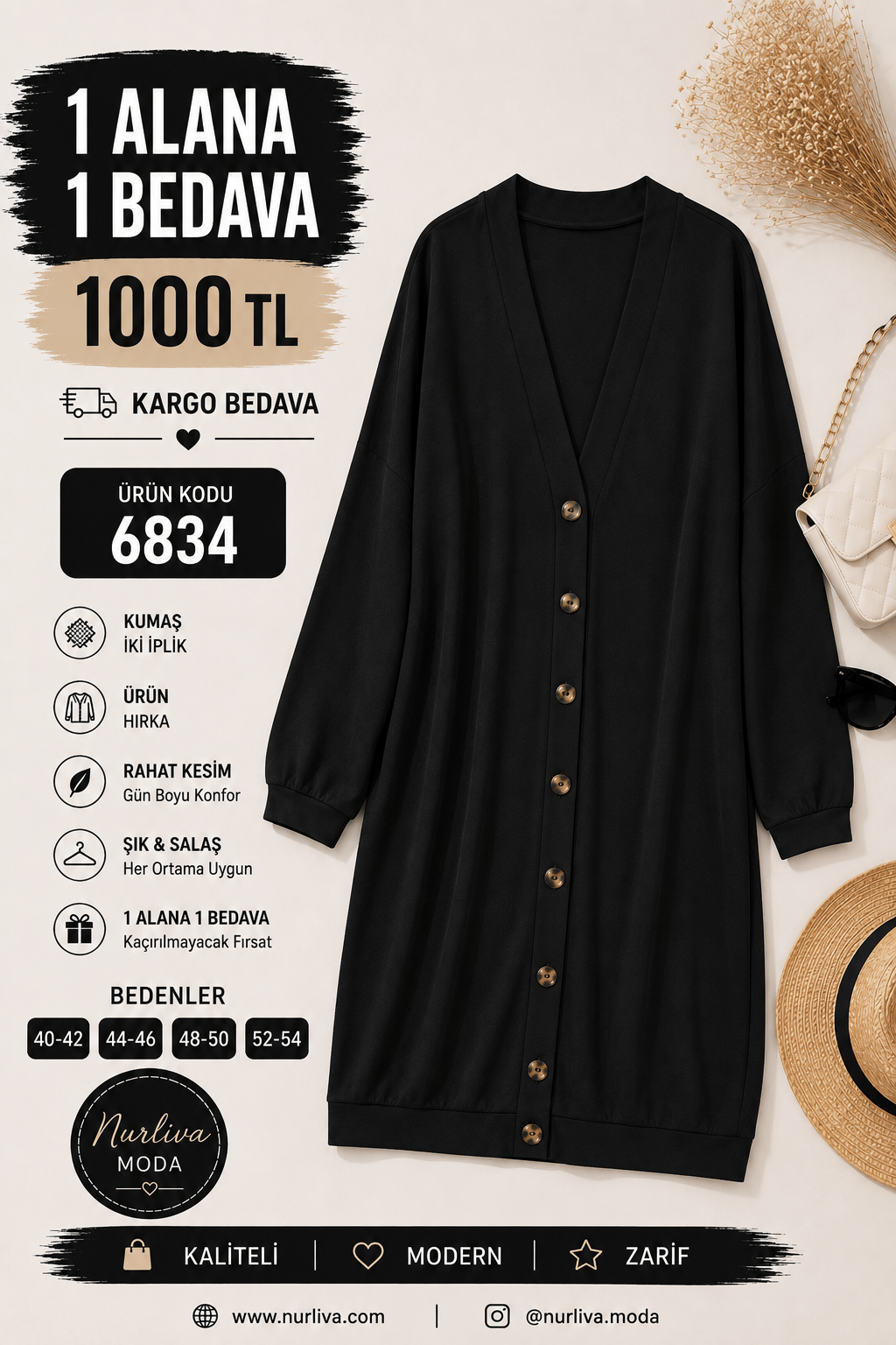 1 ALANA 1 BEDAVA 1000 TL KARGO BEDAVA İKİ İPLİK HIRKA SİYAH