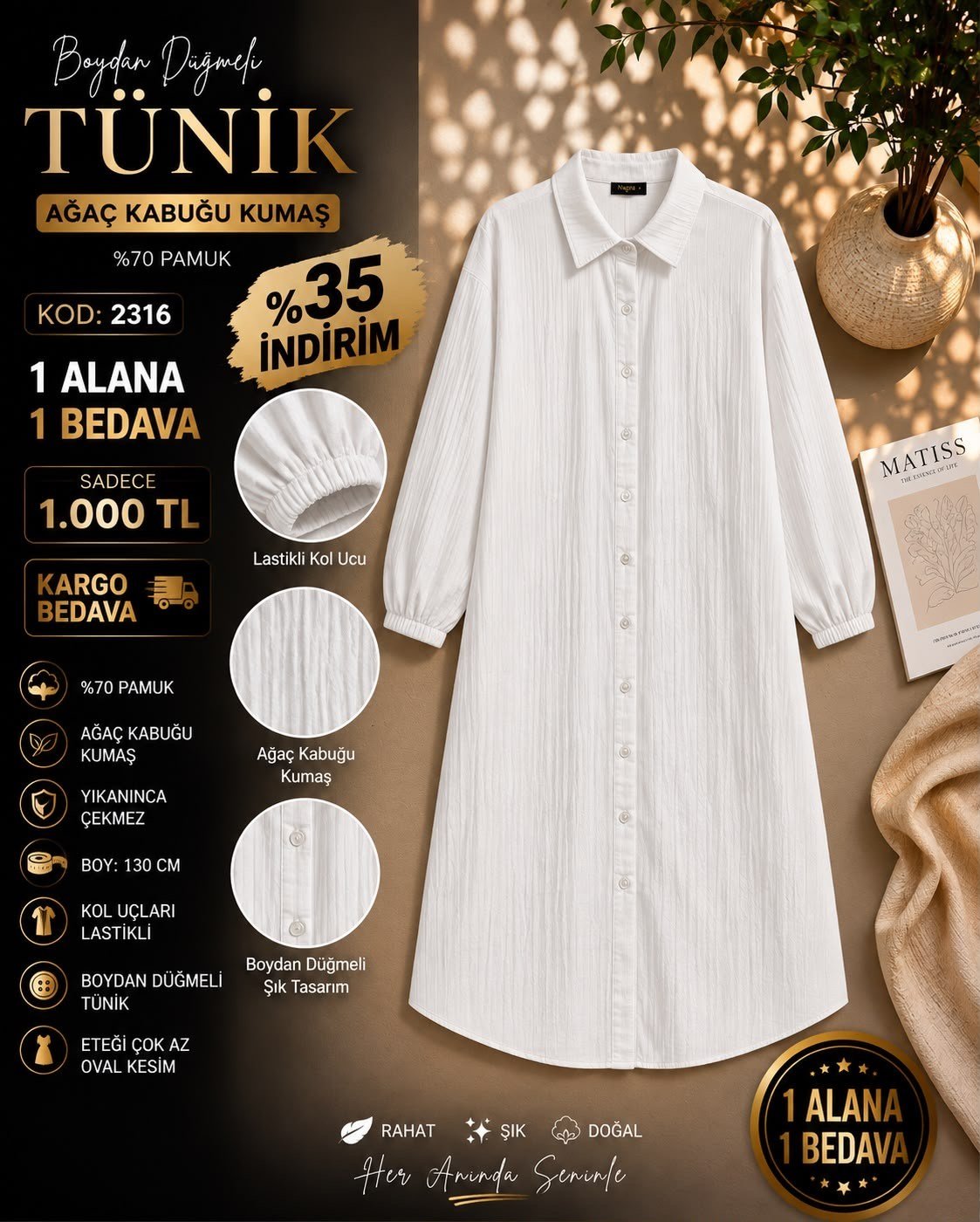1 ALANA 1 BEDAVA 1000 TL KARGO BEDAVA AĞAÇ KABUĞU KUMAŞ TUNİK  EKRU 
