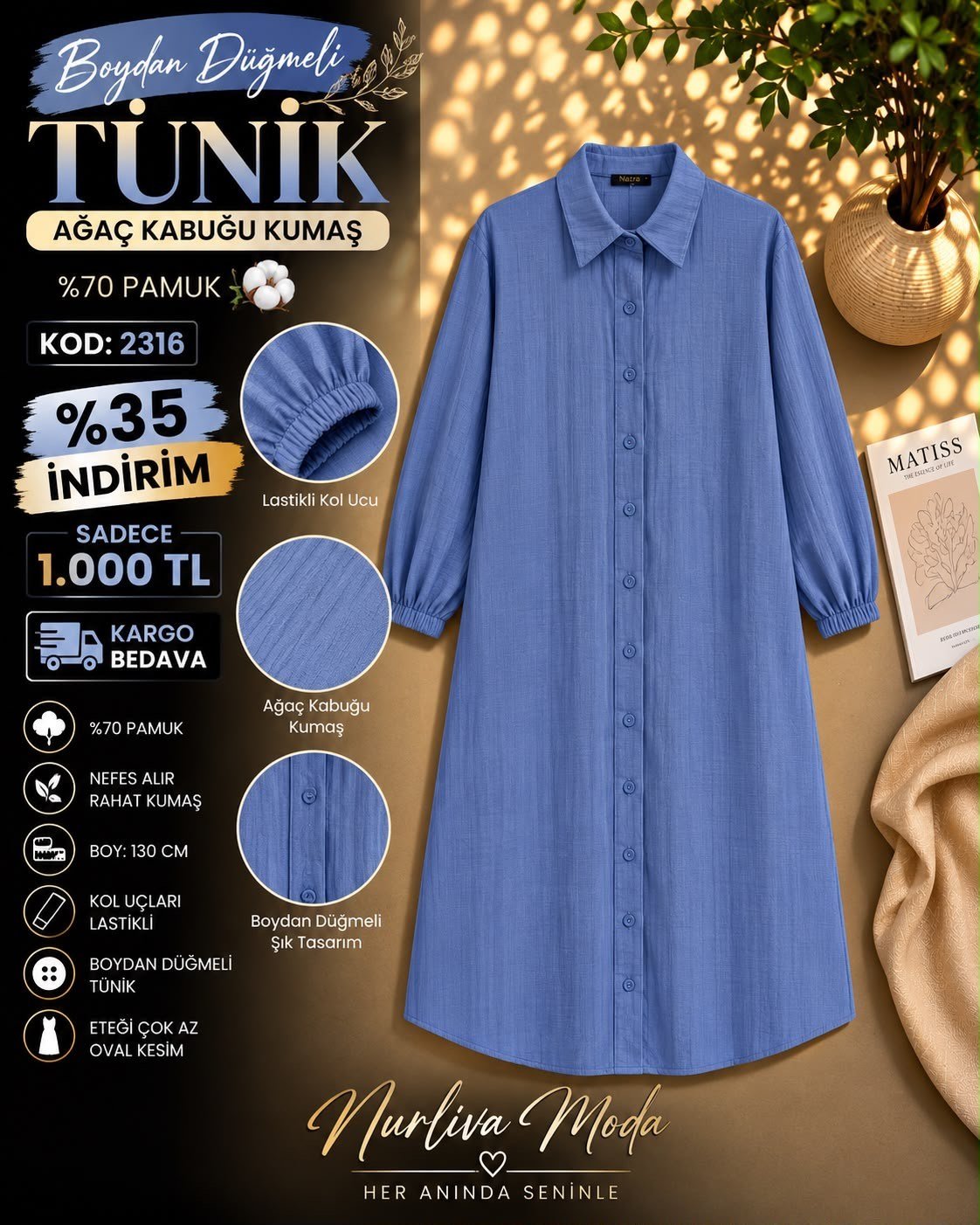 1 ALANA 1 BEDAVA 1000 TL KARGO BEDAVA AĞAÇ KABUĞU KUMAŞ TUNİK İNDİGO MAVİ 