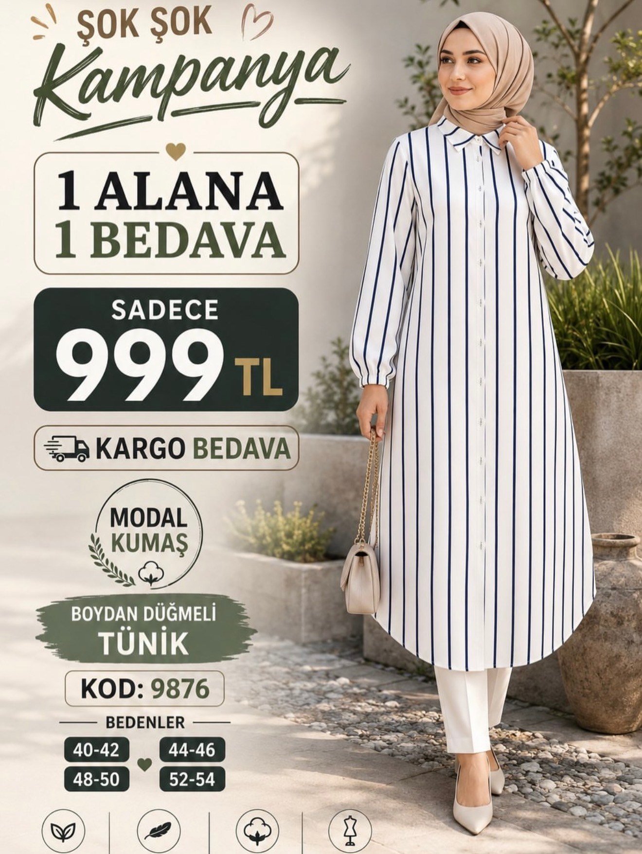 1 ALANA 1 BEDAVA 1000 TL KARGO BEDAVA MODAL KUMAŞ BOYDAN DÜĞMELİ TUNİK  LACİVERT ÇİZGİLİ 