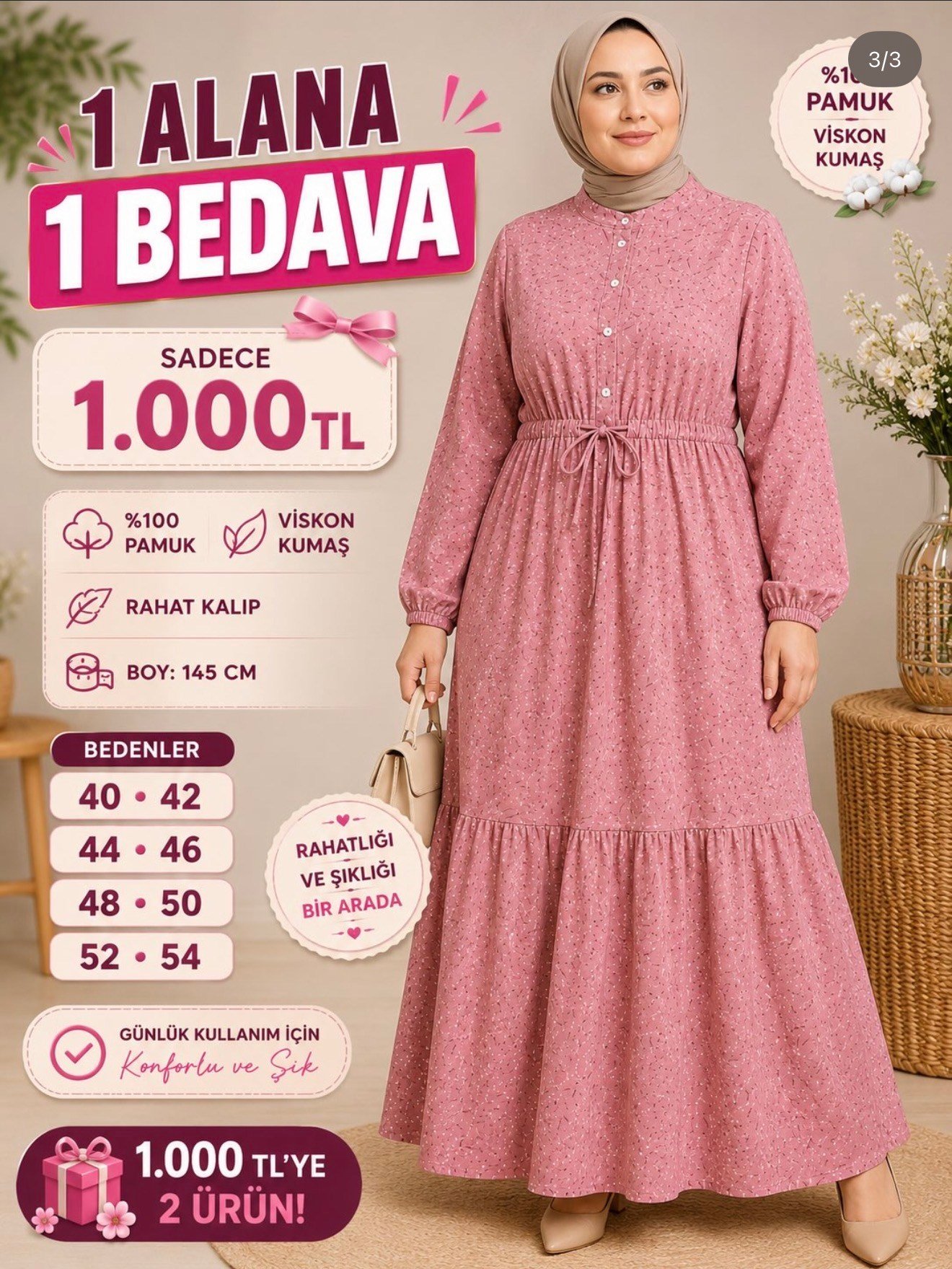 1 ALANA 1 BEDAVA 1000 TL KARGO BEDAVA  ÇİÇEK DENENLİ BELDEN BAĞLAMALI YARIYA KADAR DÜĞMELİ ZARA SATEN KUMAŞ  ELBİSE TOZ PEMBE
