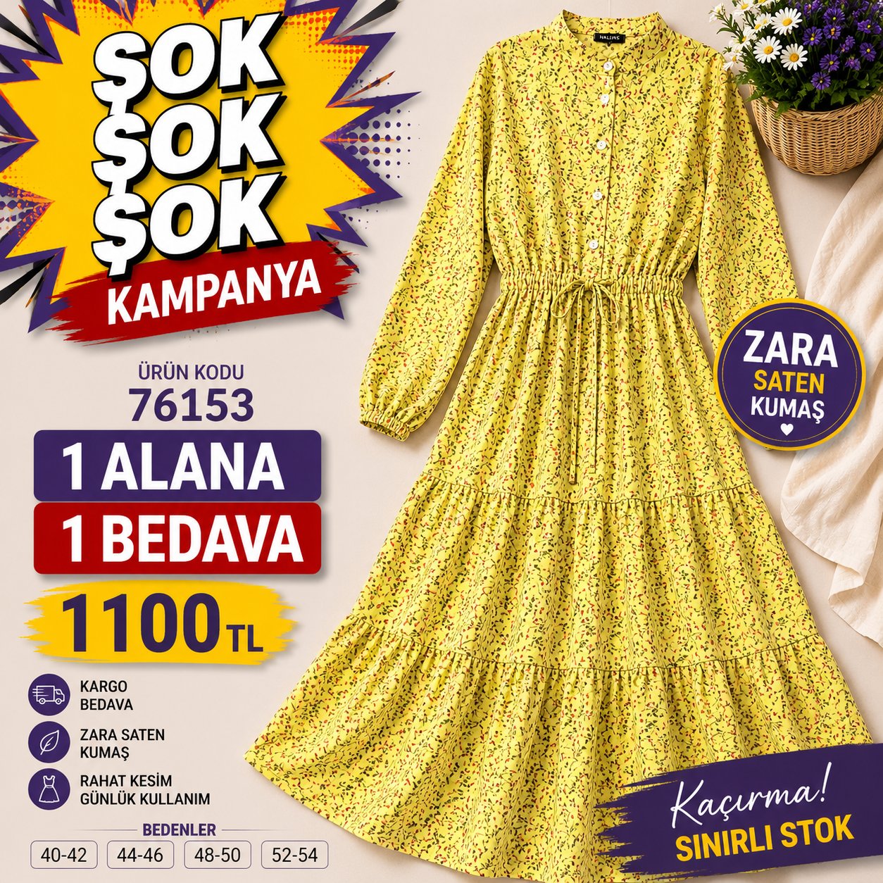 1 ALANA 1 BEDAVA 1100 TL KARGO BEDAVA ÇİÇEK DESENLİ ZARA SATEN KUMAŞ ELBİSE SARI 