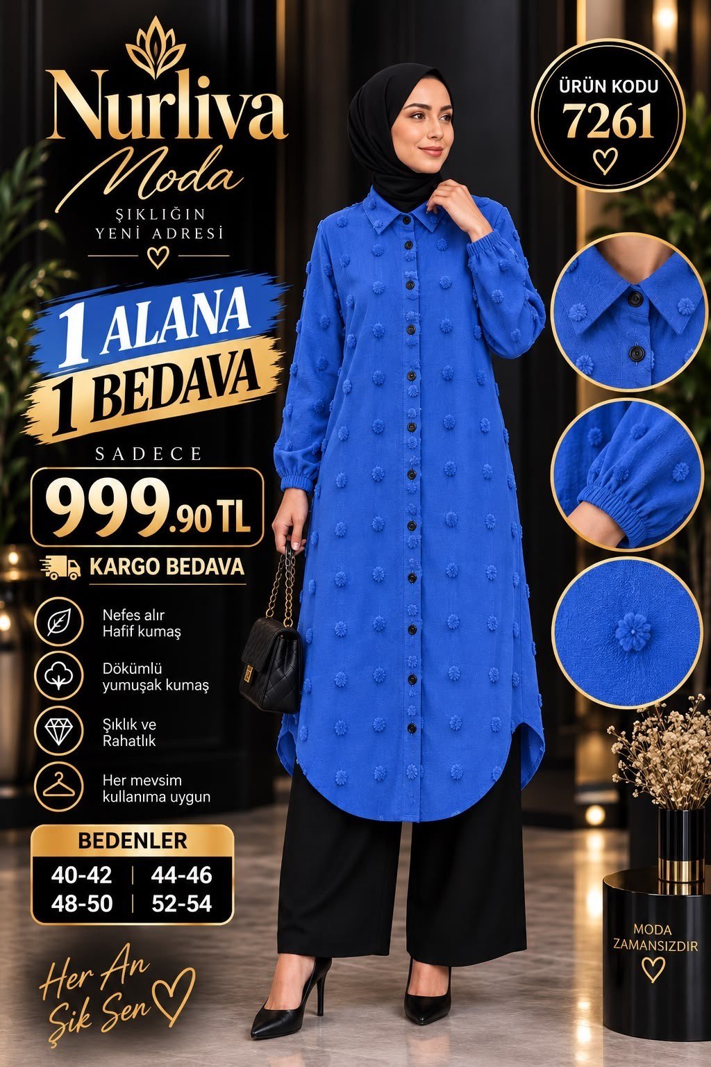 1 ALANA 1 BEDAVA 1100 TL KARGO BEDAVA AYROBİN KUMAŞ GÖMLEK TUNİK MAVİ 