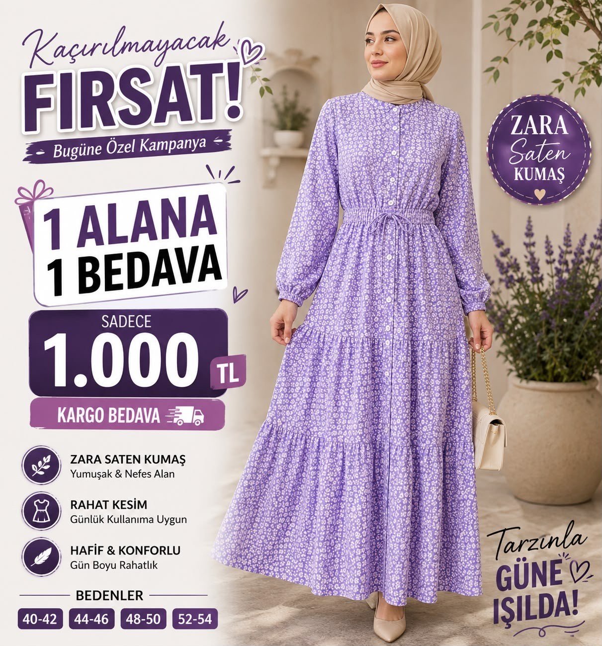 1 ALANA 1 BEDAVA 1100 TL KARGO BEDAVA ÇİÇEK DESENLİ ZARA SATEN KUMAŞ ELBİSE LİLA 