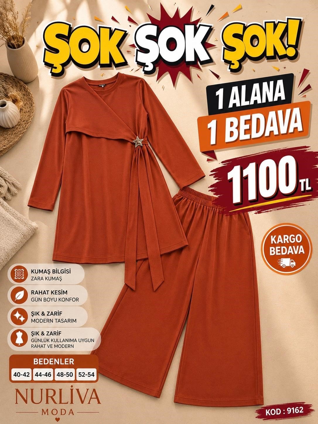 1 ALANA 1 BEDAVA  1100 TL KARGO BEDAVA DABIL KUMAŞ YANDAN BAĞLAMA DETAYLI PANTOLONLU TAKIM TURUNCU 