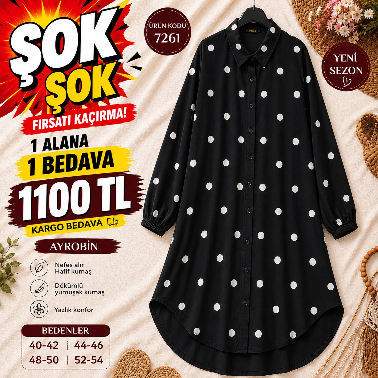 1 ALANA 1 BEDAVA 1100 TL KARGO BEDAVA AYROBİN KUMAŞ GÖMLEK TUNİK SİYAH 
