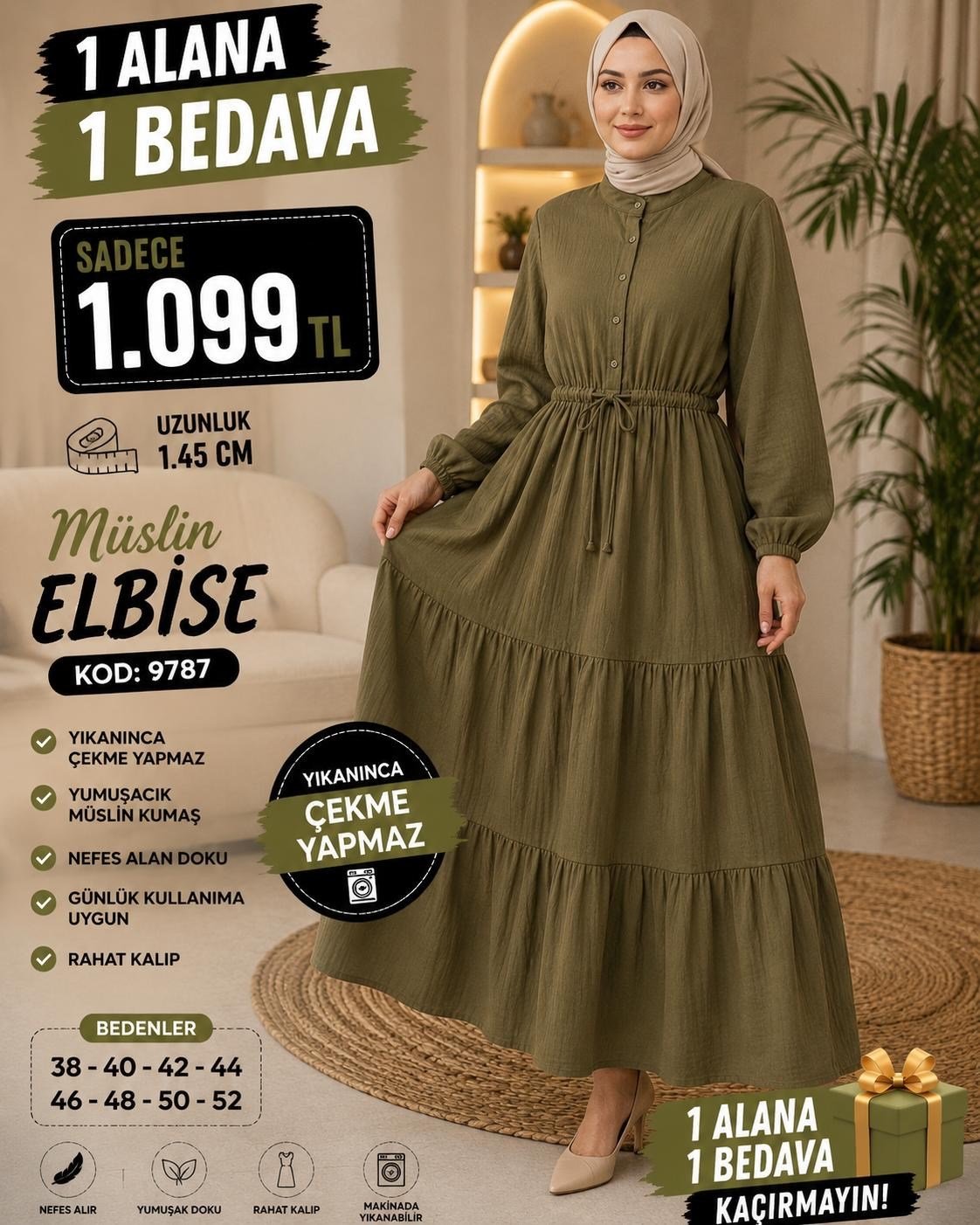 1 ALANA 1 BEDAVA 1100 TL KARGO BEDAVA MÜSLİM KUMAŞ ELBİSE YEŞİL 