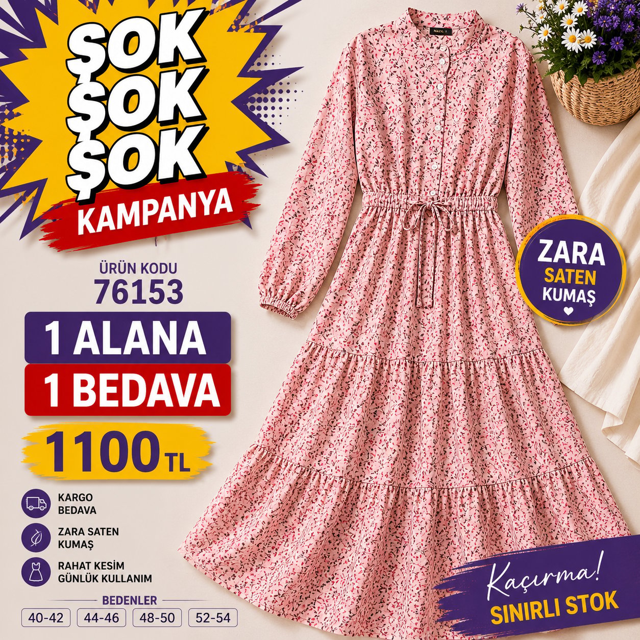 1 ALANA 1 BEDAVA 1100 TL KARGO BEDAVA ÇİÇEK DESENLİ ZARA SATEN KUMAŞ ELBİSE PEMBE 