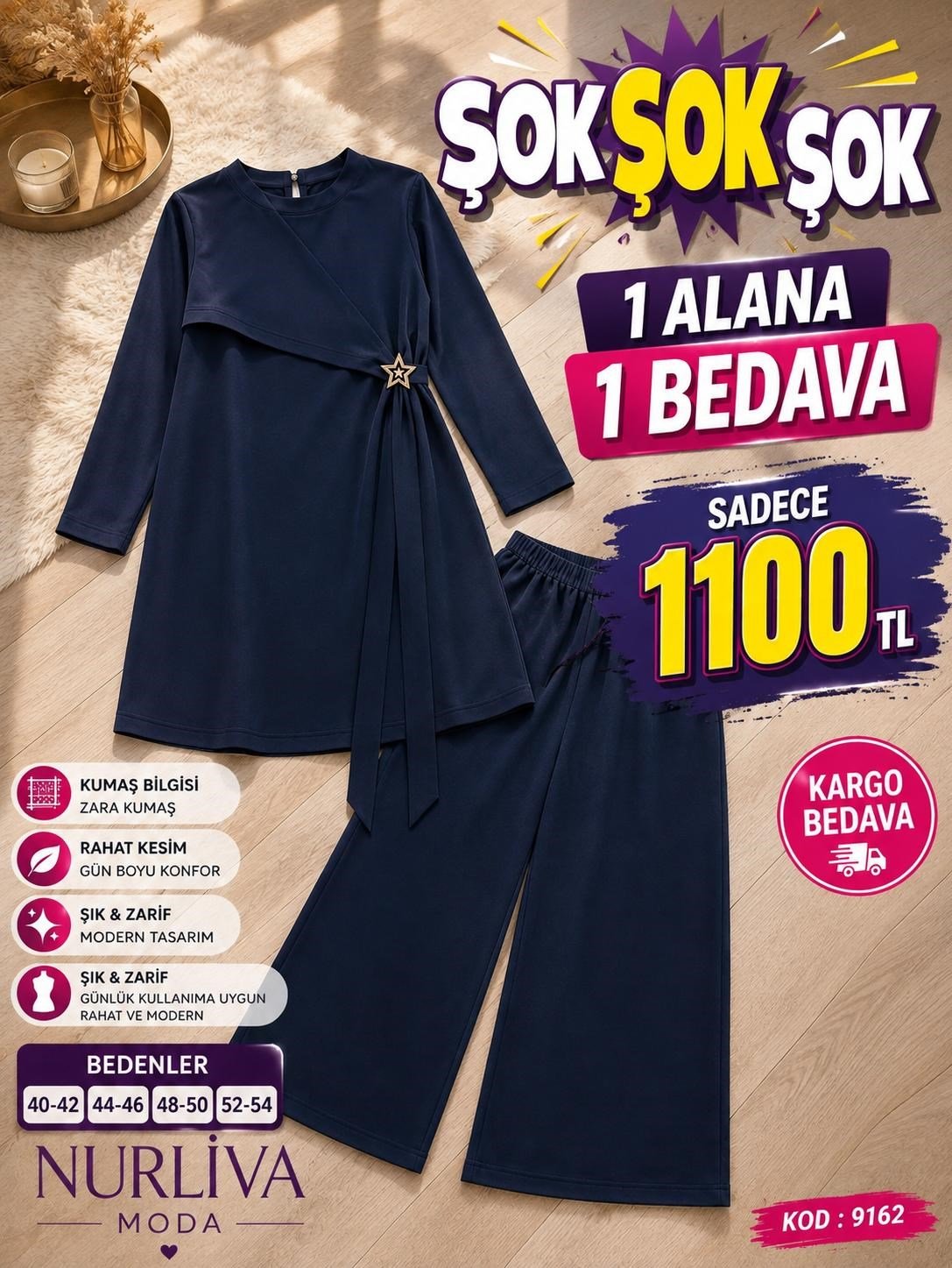 1 ALANA 1 BEDAVA  1100 TL KARGO BEDAVA DABIL KUMAŞ YANDAN BAĞLAMA DETAYLI PANTOLONLU TAKIM LACİVERT 