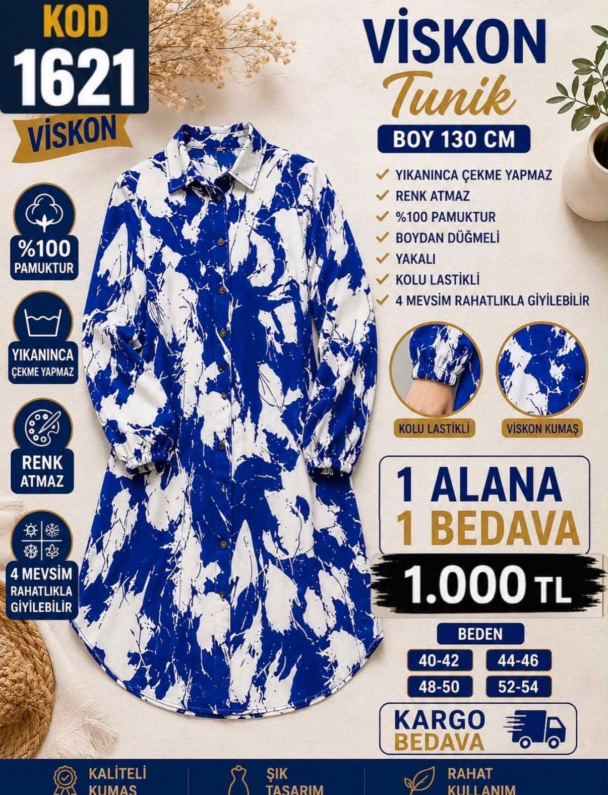 1 ALANA 1 BEDAVA 1100 TL KARGO BEDAVA VİSKON KUMAŞ BOYDAN DÜĞMELİ TUNİK LACİVERT -BEYAZ 