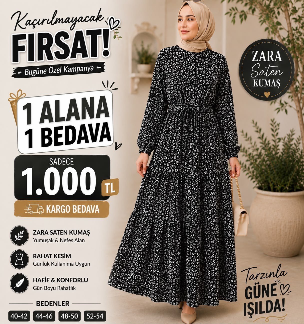 1 ALANA 1 BEDAVA 1100 TL KARGO BEDAVA ÇİÇEK DESENLİ ZARA SATEN KUMAŞ ELBİSE SİYAH 