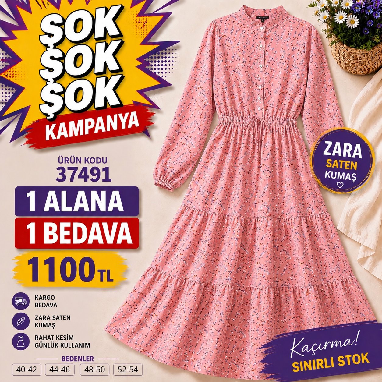 1 ALANA 1 BEDAVA 1100 TL KARGO BEDAVA ÇİÇEK DESENLİ ZARA SATEN KUMAŞ ELBİSE  PEMBE 