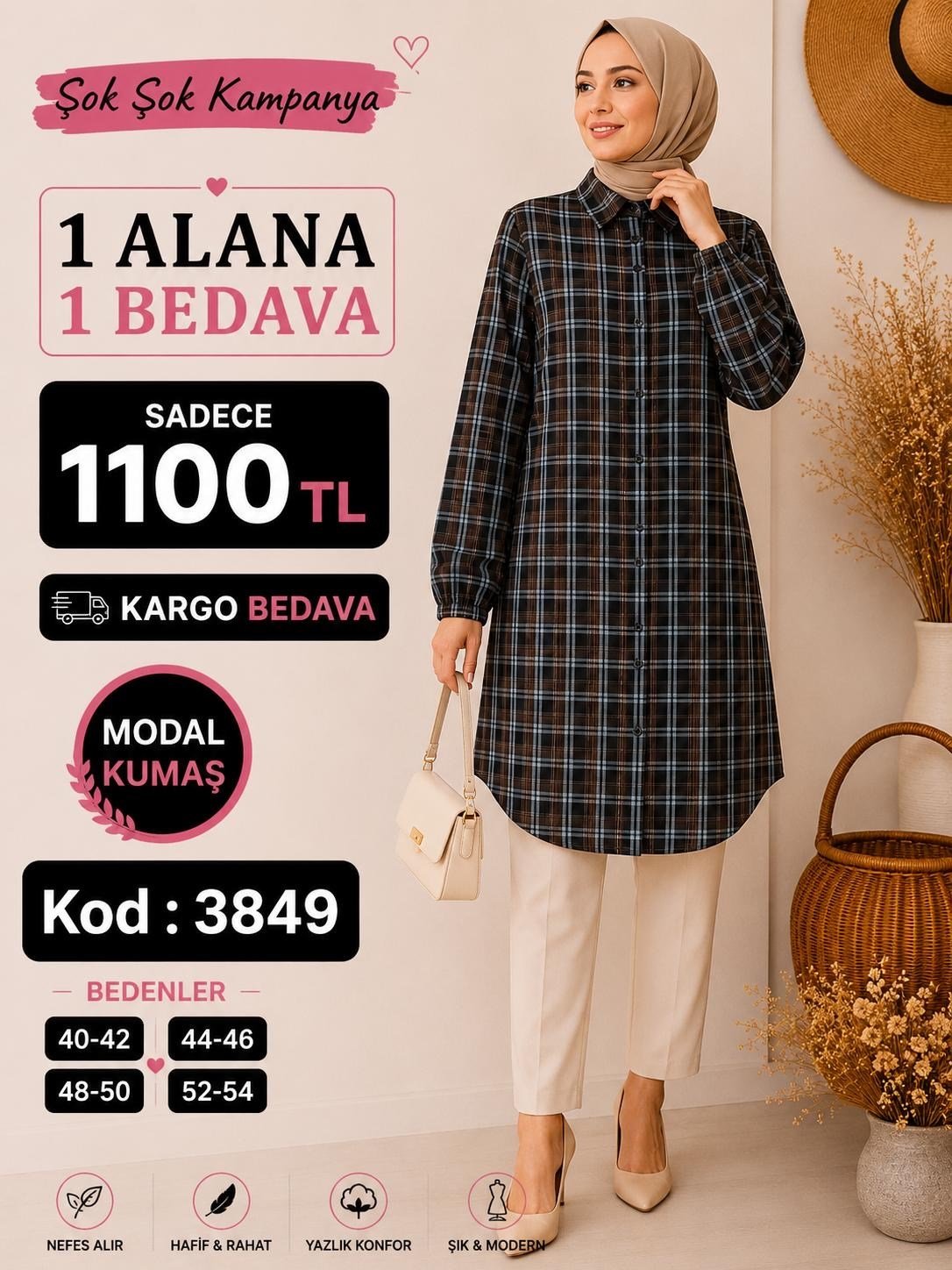 1 ALANA  1 BEDAVA 1100 TL KARGO BEDAVA EKOSE DESEN MODAL KUMAŞ BOYDSAN DÜĞMELİ TUNİK MAVİ 