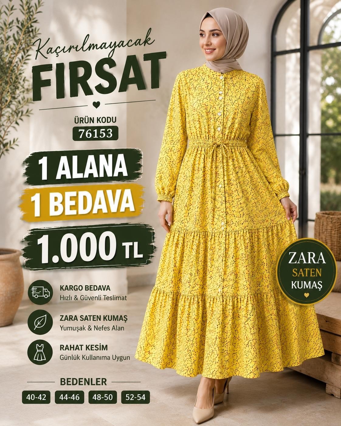 1 ALANA 1 BEDAVA 1100 TL KARGO BEDAVA ÇİÇEK DESENLİ ZARA SATEN KUMAŞ ELBİSE SARI 