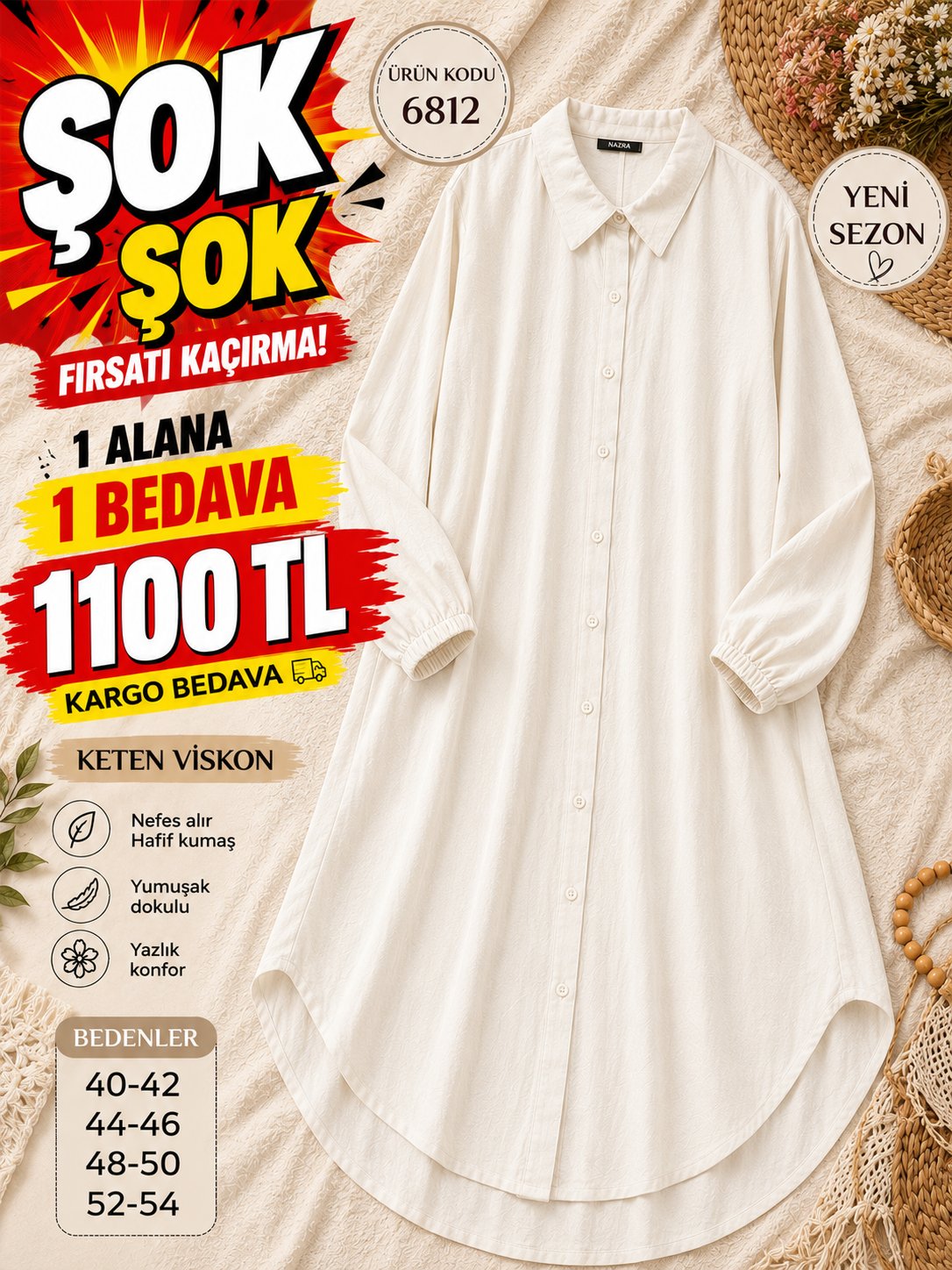 1 ALANA 1 BEDAVA 1100 TL KARGO BEDAVA KETEN VİSKON KUMAŞ BOYDAN DÜĞMELİ TUNİK  KIRIK BEYAZ