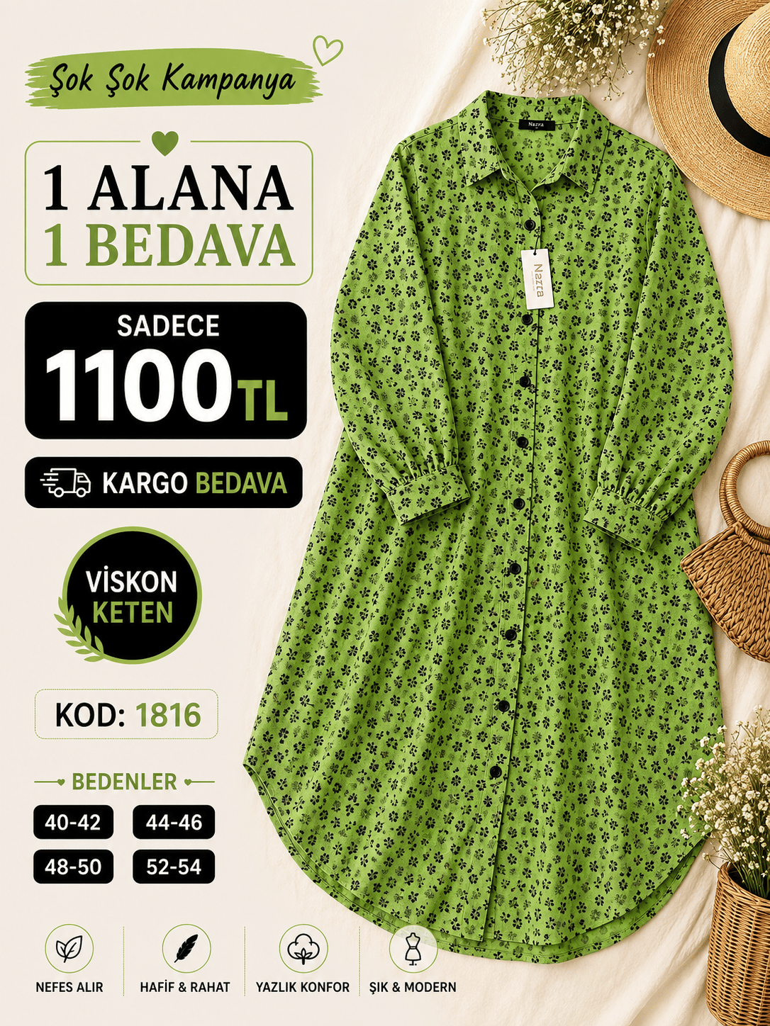 1 ALANA 1 BEDAVA 1100 TL KARGO BEDAVA PAPATYA ÇİÇEĞİ DESENLİ BOYDAN DÜĞMELİ MÜSLİM KETEN KUMAŞ TUNİK YEŞİL 