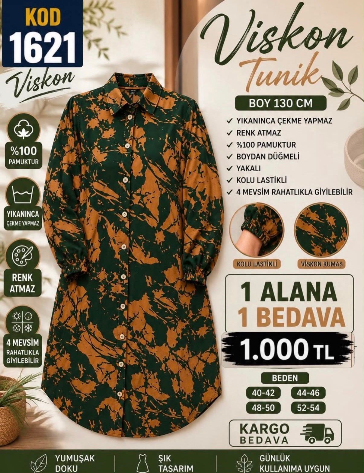 1 ALANA 1 BEDAVA 1100 TL KARGO BEDAVA VİSKON KUMAŞ BOYDAN DÜĞMELİ TUNİK YEŞİL - SÜTLÜ KAHVE 