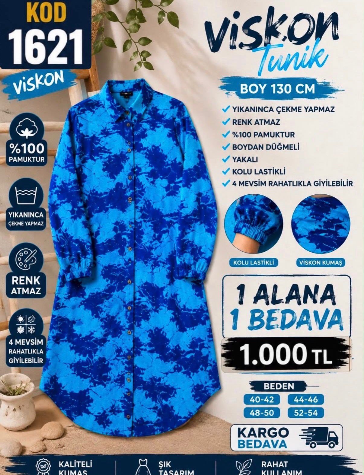 1 ALANA 1 BEDAVA 1100 TL KARGO BEDAVA VİSKON KUMAŞ BOYDAN DÜĞMELİ TUNİK TURKUAZ -MAVİ 