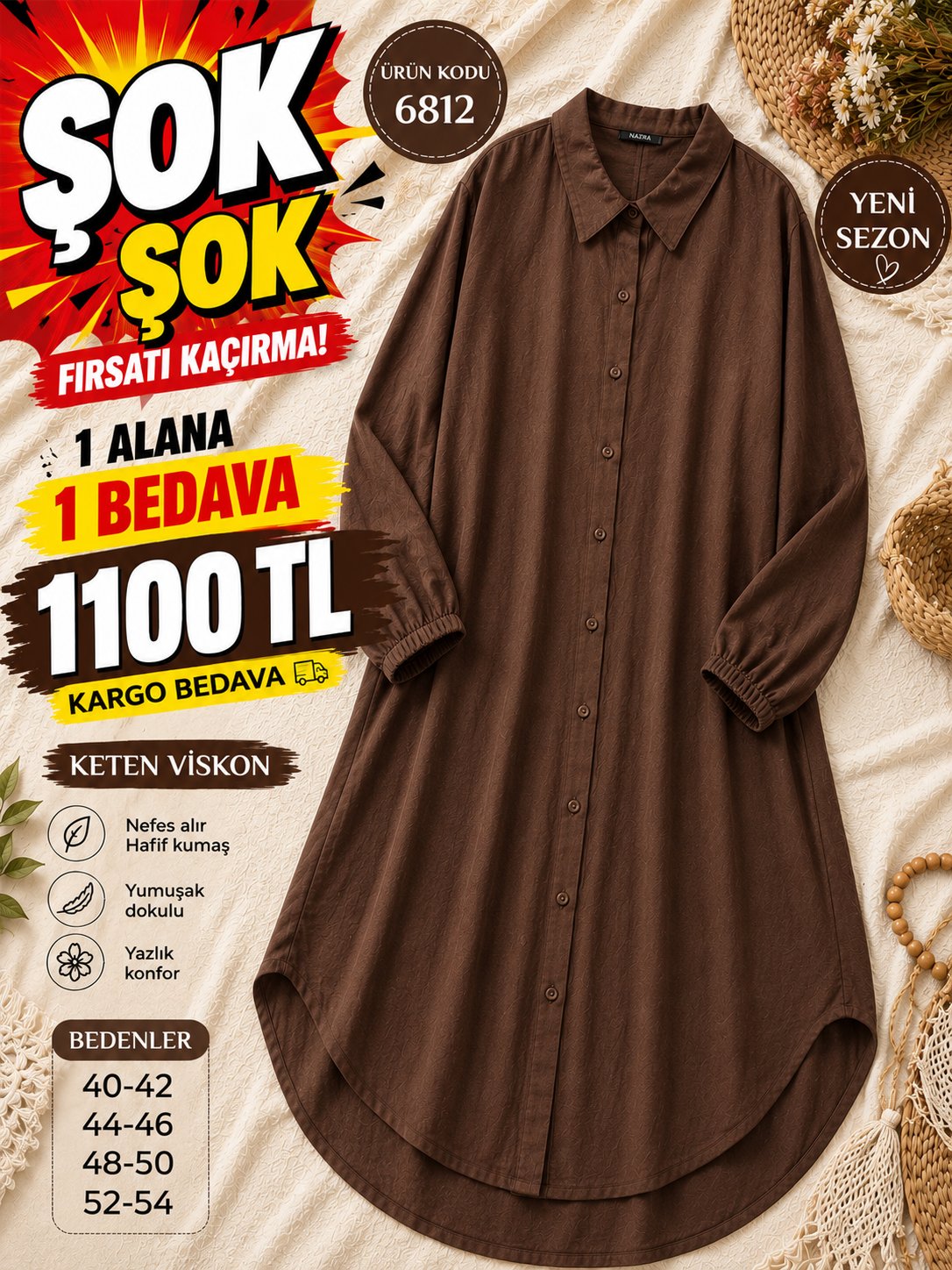 1 ALANA 1 BEDAVA 1100 TL KARGO BEDAVA KETEN VİSKON KUMAŞ BOYDAN DÜĞMELİ TUNİK  KAHVERENGİ 