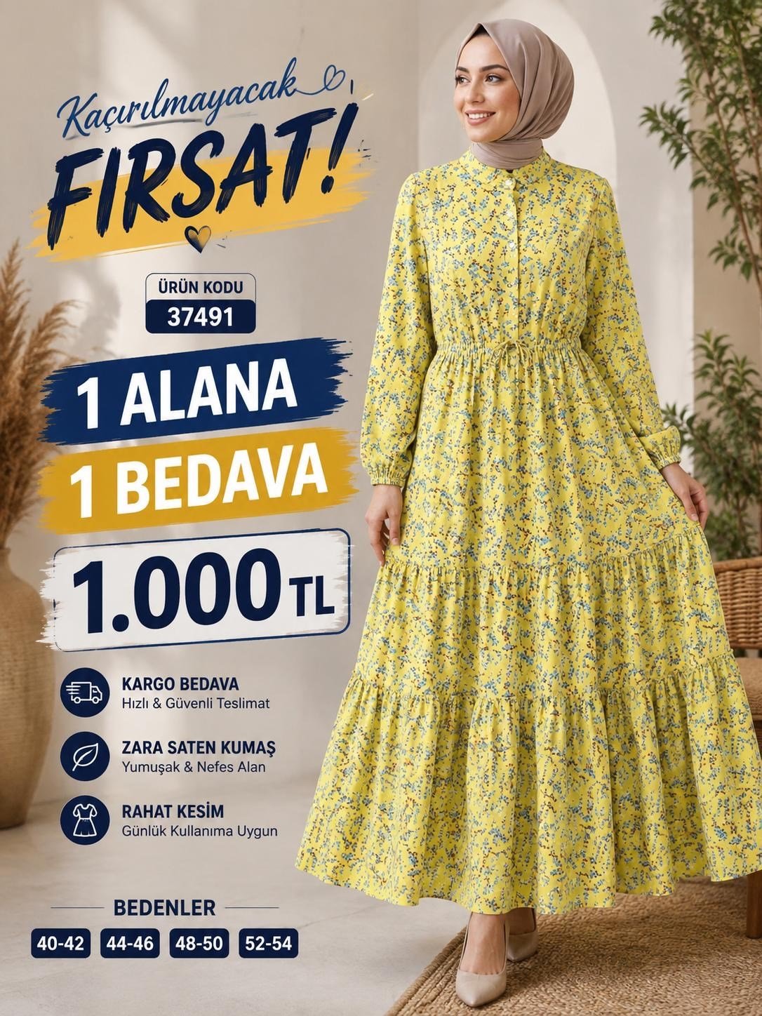 	1 ALANA 1 BEDAVA 1100 TL KARGO BEDAVA ÇİÇEK DESENLİ ZARA SATEN KUMAŞ  ELBİSE  SARI 