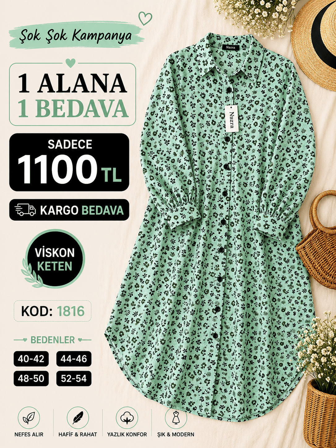 1 ALANA 1 BEDAVA 1100 TL KARGO BEDAVA PAPATYA ÇİÇEĞİ DESENLİ BOYDAN DÜĞMELİ MÜSLİM KETEN KUMAŞ TUNİK SU YEŞİLİ 