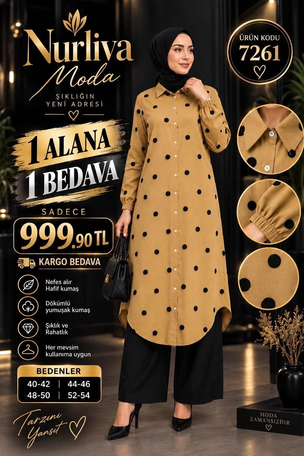 1 ALANA 1 BEDAVA 1100 TL KARGO BEDAVA AYROBİN KUMAŞ GÖMLEK TUNİK SÜTLÜ KAHVE 