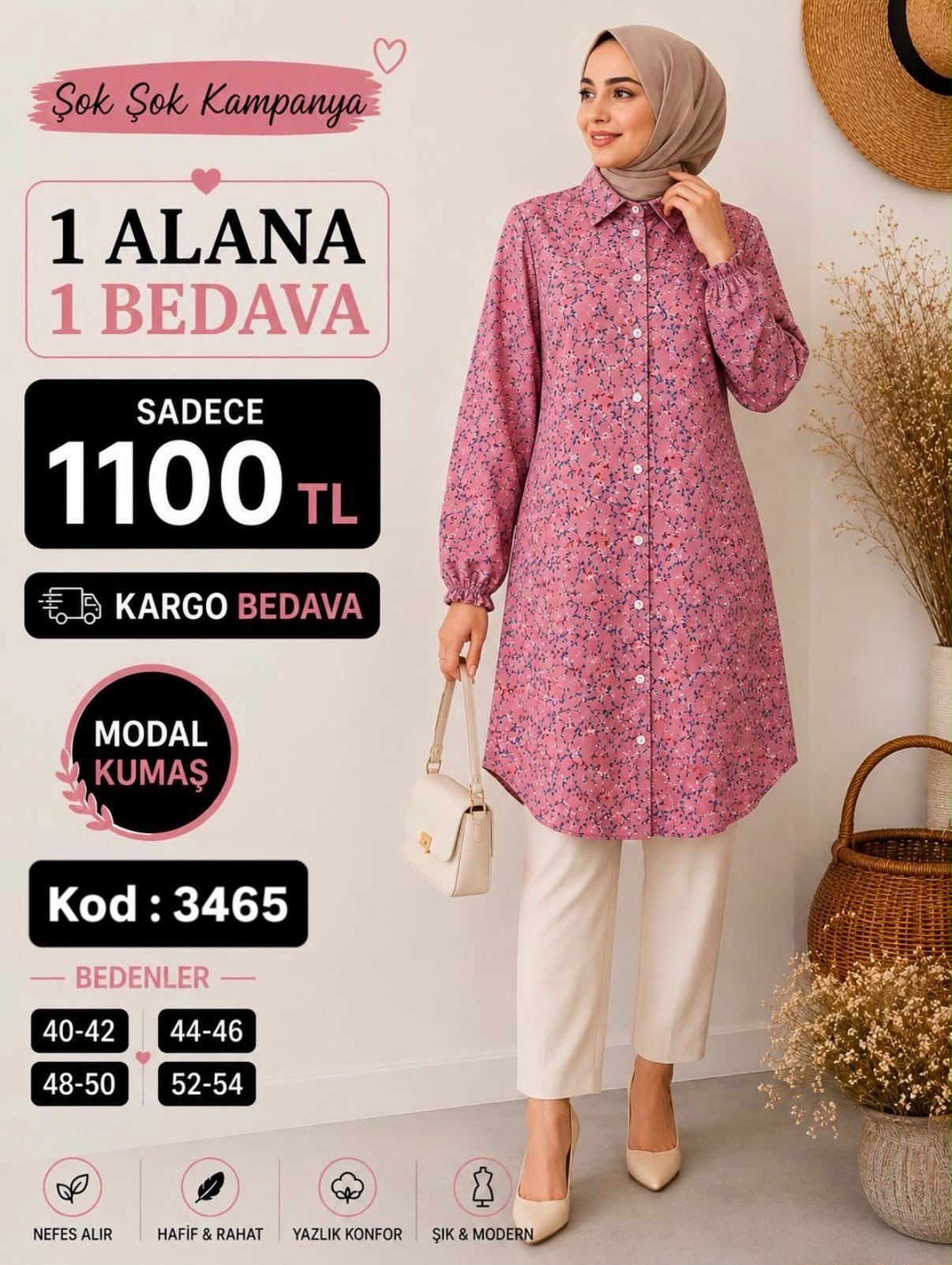 1 ALANA 1 BEDAVA 1100 TL KARGO BEDAVA ÇİÇEK DESENLİ BOYDAN DÜĞMELİ TUNİK PEMBE 