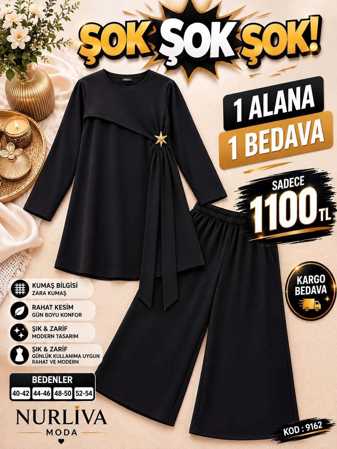 1 ALANA 1 BEDAVA  1100 TL KARGO BEDAVA DABIL KUMAŞ YANDAN BAĞLAMA DETAYLI PANTOLONLU TAKIM SİYAH 