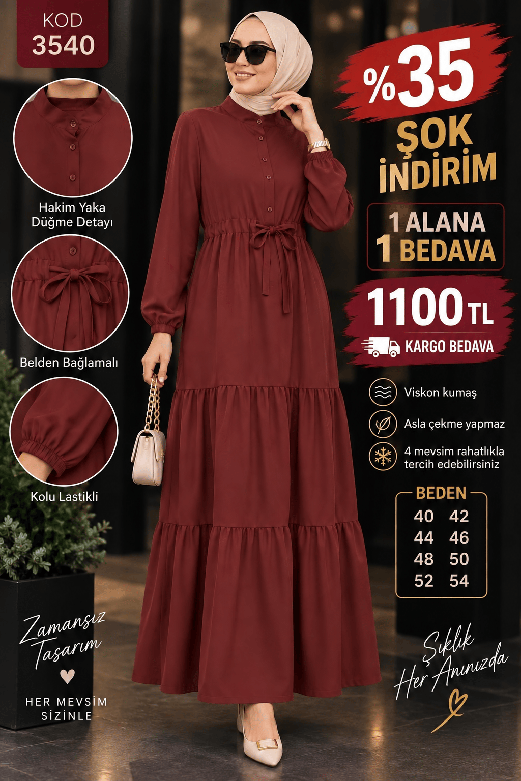 1 ALANA 1 BEDAVA 1100 TL KARGO BEDAVA VİSKON KUMAŞ ELBİSE  BORDO 