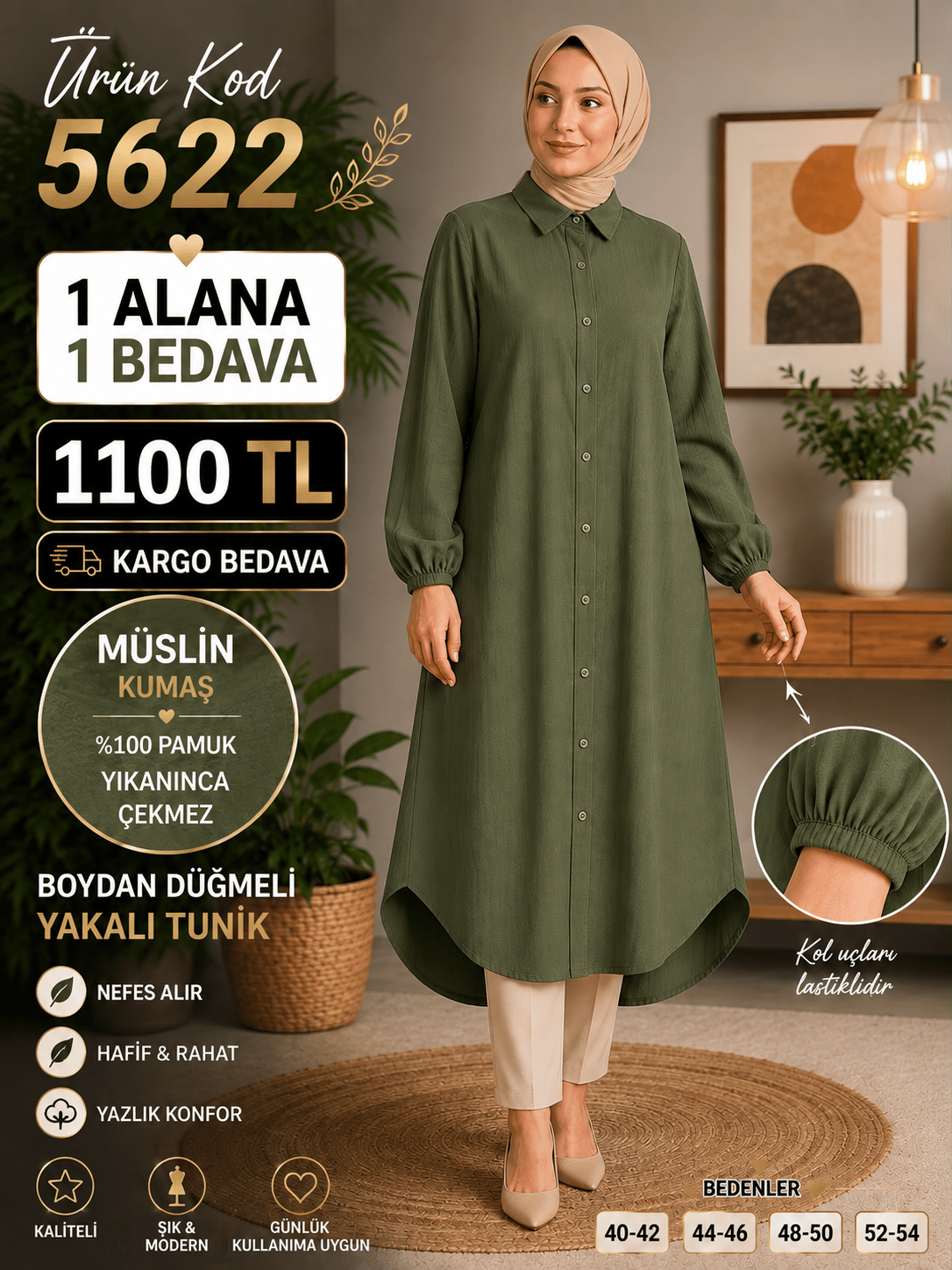 1 ALANA 1 BEDAVA 1100 TL KARGO BEDAVA MÜSLİM KUMAŞ BOYDAN DÜĞMELİ TUNİK ASKER YEŞİLİ 