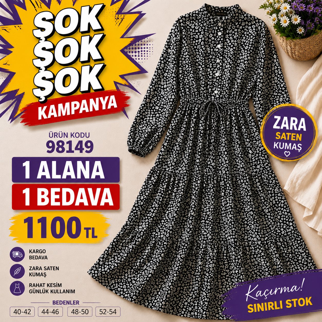 1 ALANA 1 BEDAVA 1100 TL KARGO BEDAVA ÇİÇEK DESENLİ ZARA SATEN KUMAŞ ELBİSE SİYAH 