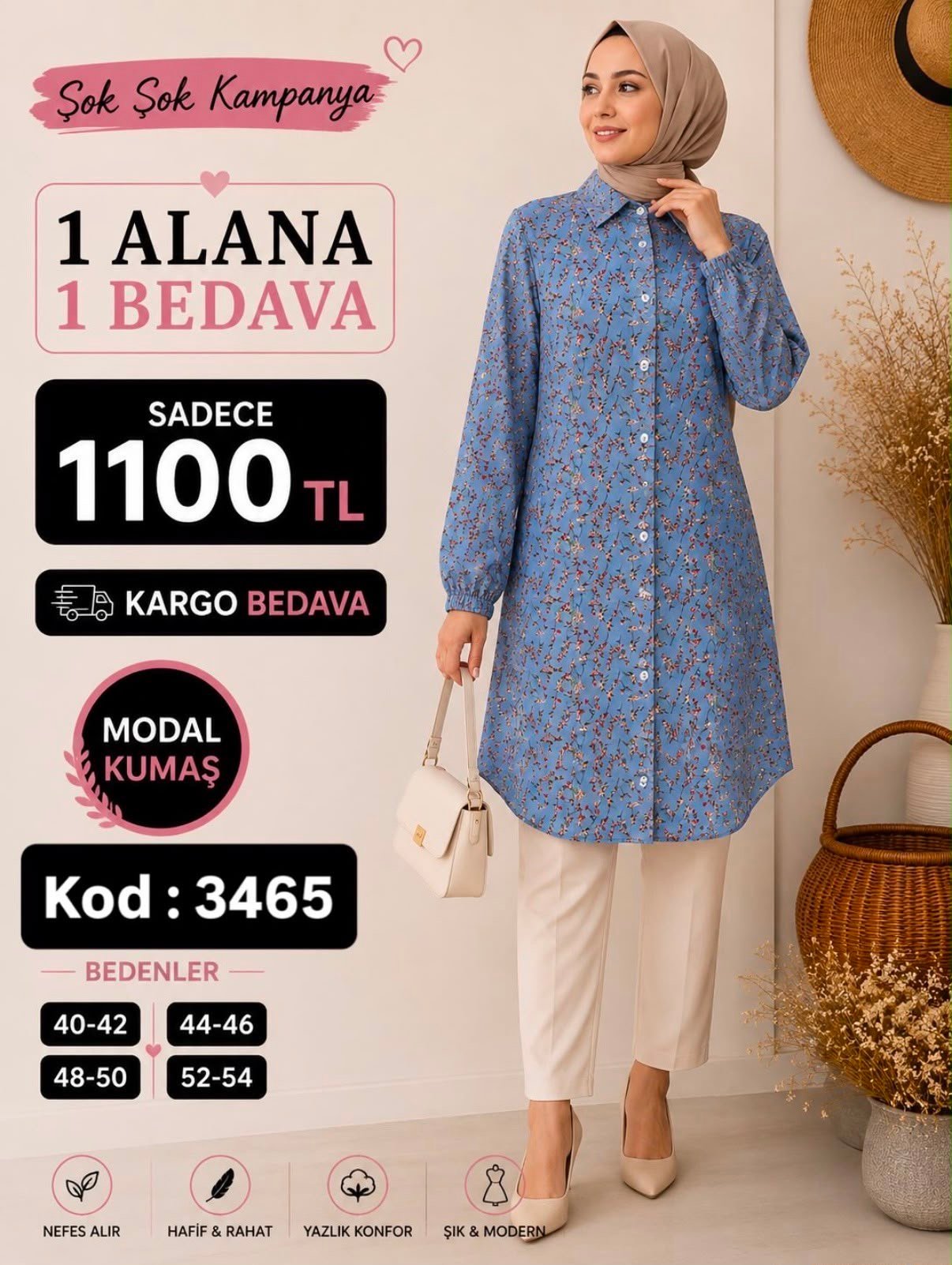 1 ALANA 1 BEDAVA 1100 TL KARGO BEDAVA ÇİÇEK DESENLİ BOYDAN DÜĞMELİ TUNİK MAVİ 
