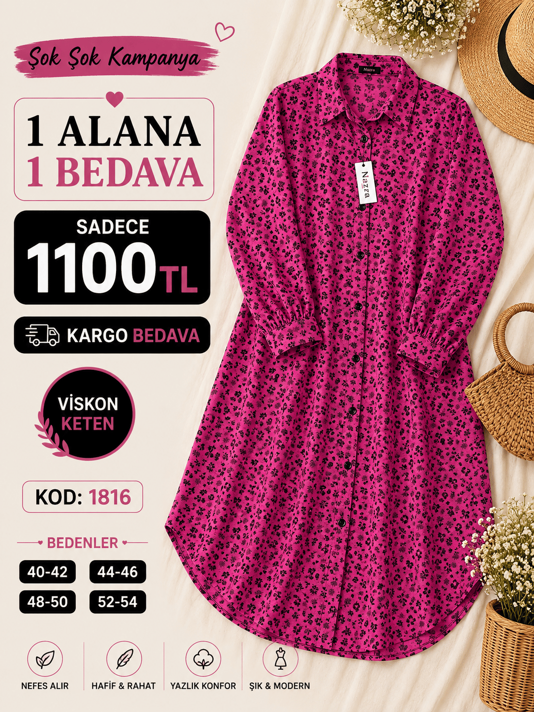 1 ALANA 1 BEDAVA 1100 TL KARGO BEDAVA PAPATYA ÇİÇEĞİ DESENLİ BOYDAN DÜĞMELİ MÜSLİM KETEN KUMAŞ TUNİK PEMBE 