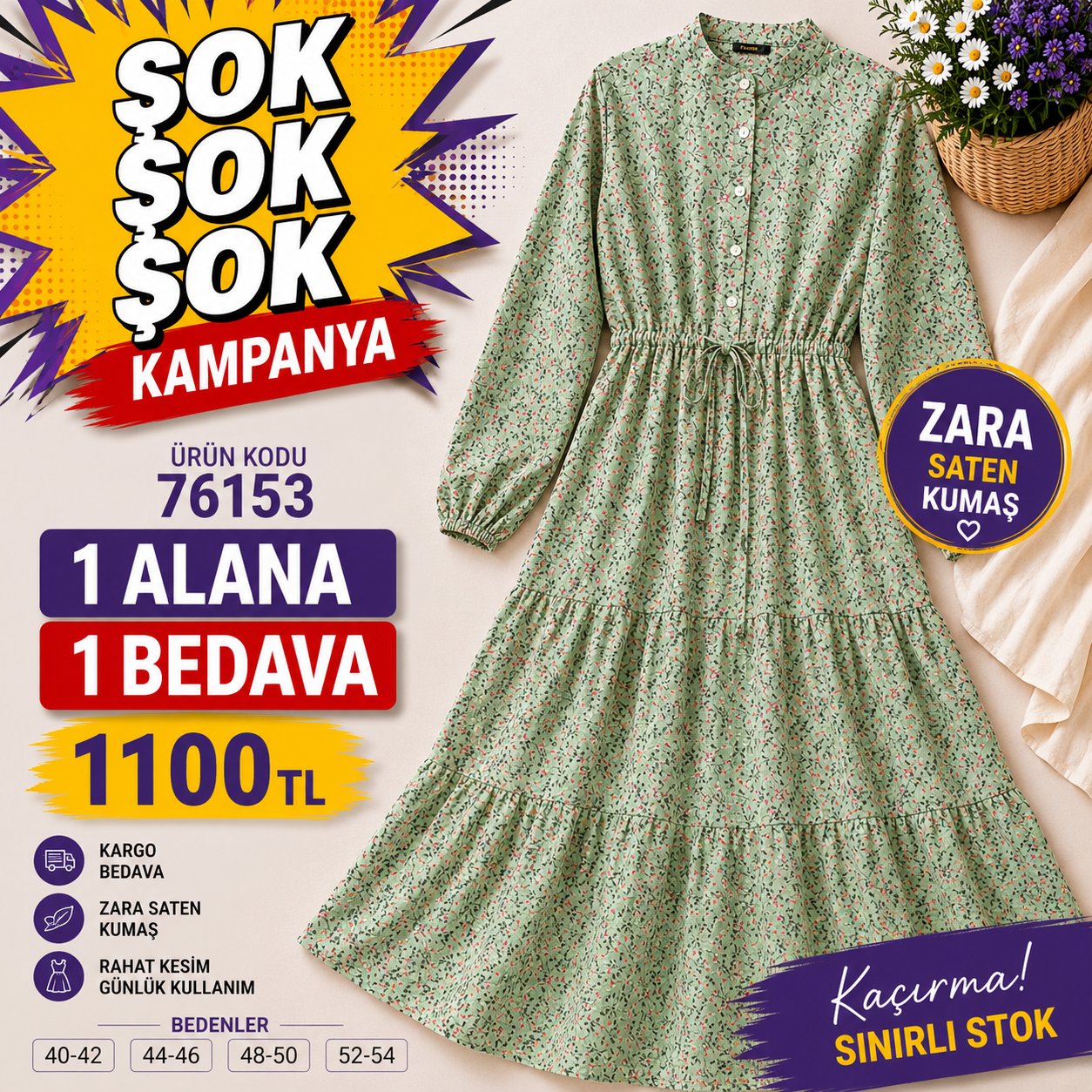 1 ALANA 1 BEDAVA 1100 TL KARGO BEDAVA ÇİÇEK DESENLİ ZARA SATEN KUMAŞ ELBİSE YEŞİL 