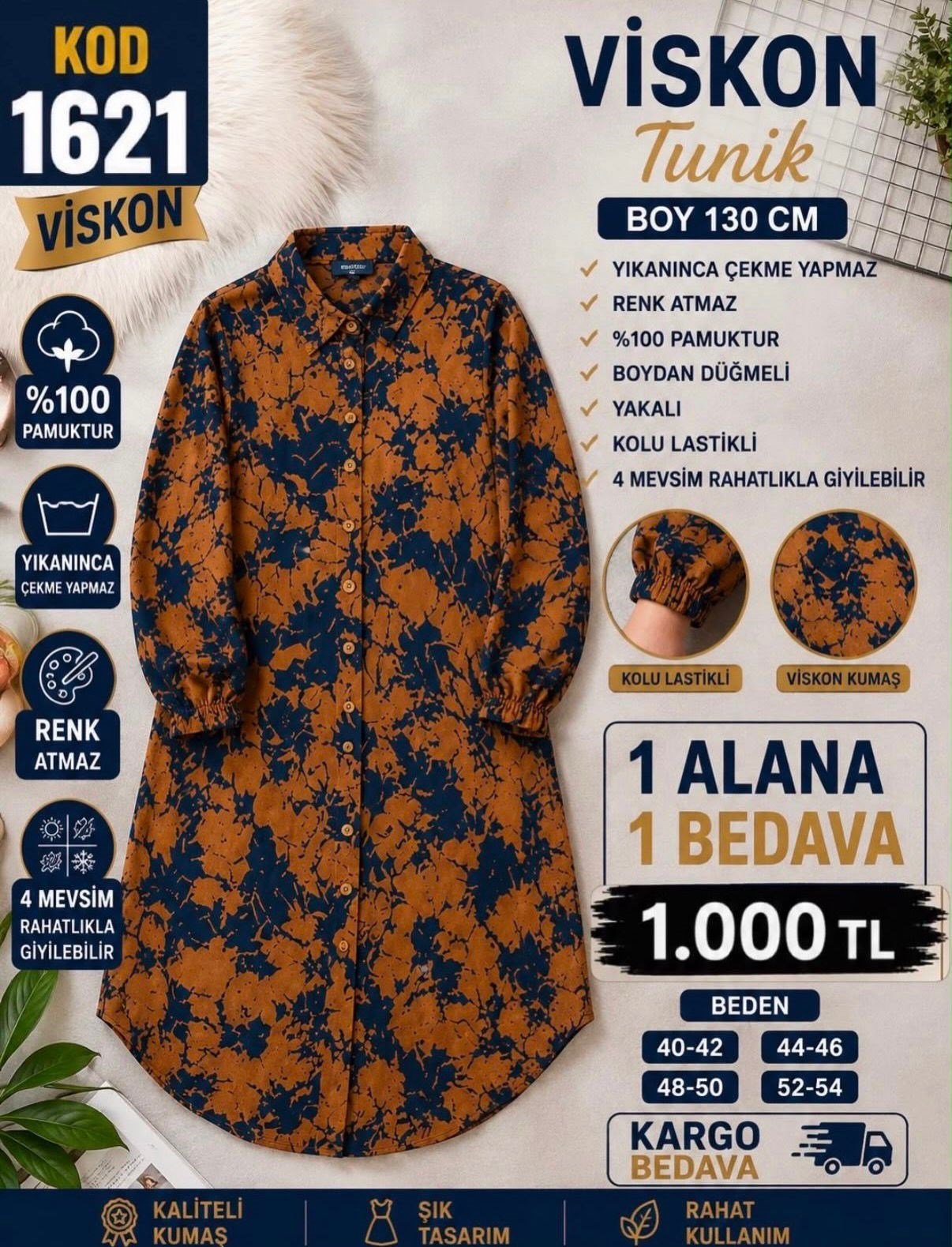 1 ALANA 1 BEDAVA 1100 TL KARGO BEDAVA VİSKON KUMAŞ BOYDAN DÜĞMELİ TUNİK MAVİ - KAHVERENGİ 