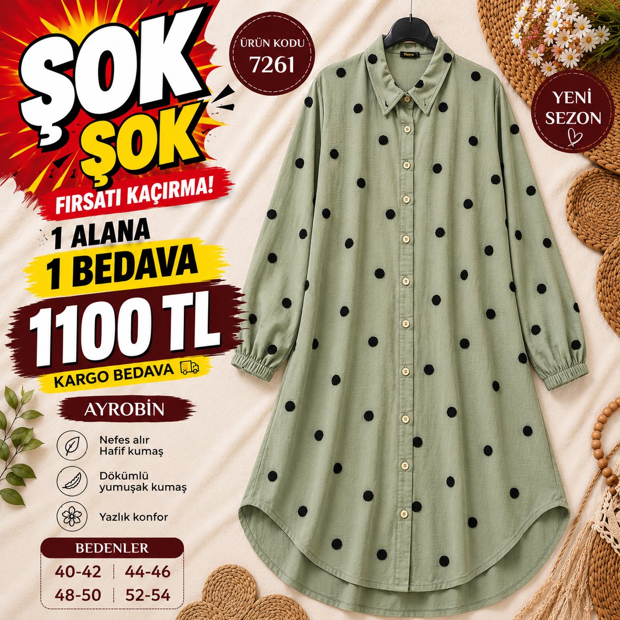 1 ALANA 1 BEDAVA 1100 TL KARGO BEDAVA AYROBİN KUMAŞ GÖMLEK TUNİK YEŞİL 
