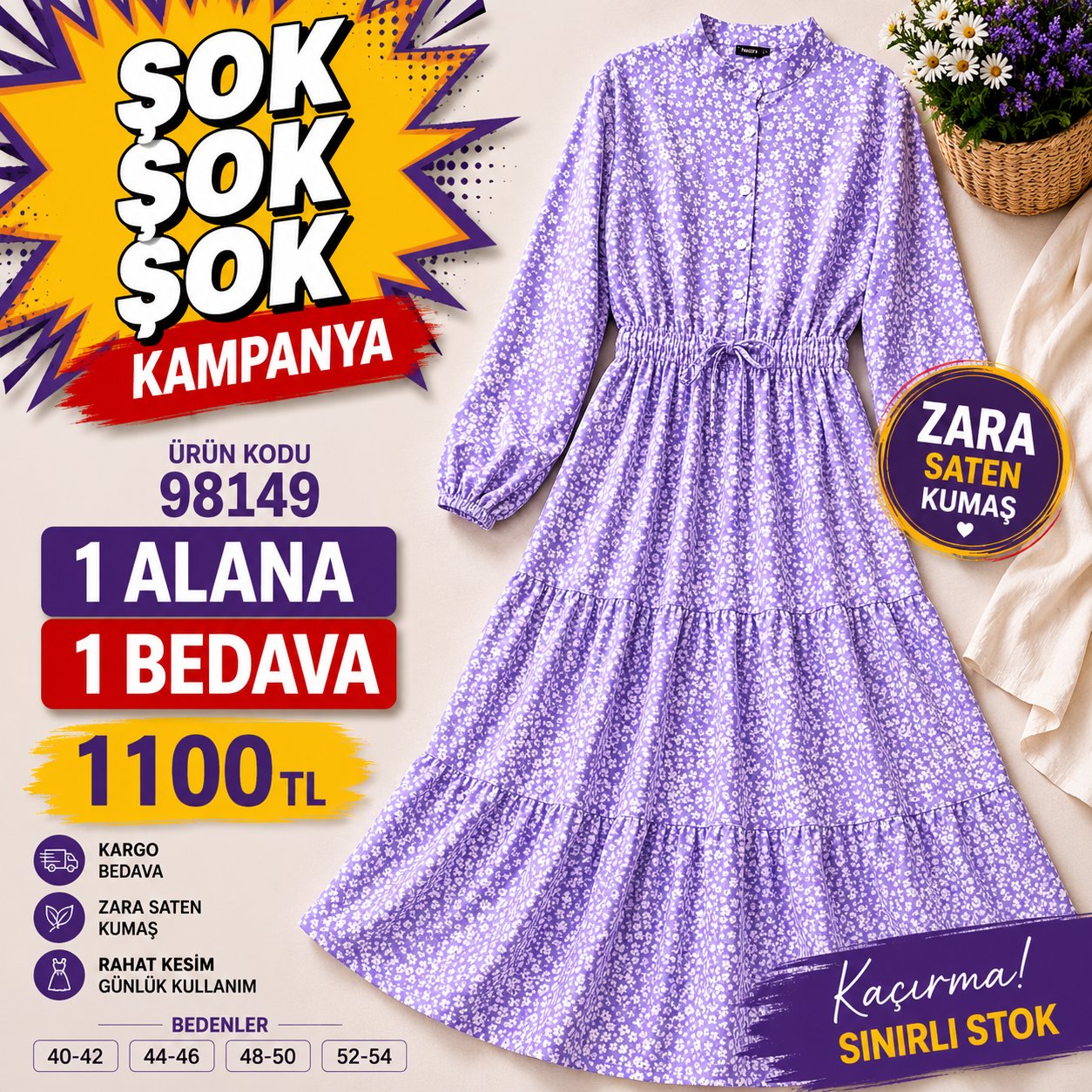 1 ALANA 1 BEDAVA 1100 TL KARGO BEDAVA ÇİÇEK DESENLİ ZARA SATEN KUMAŞ ELBİSE LİLA 