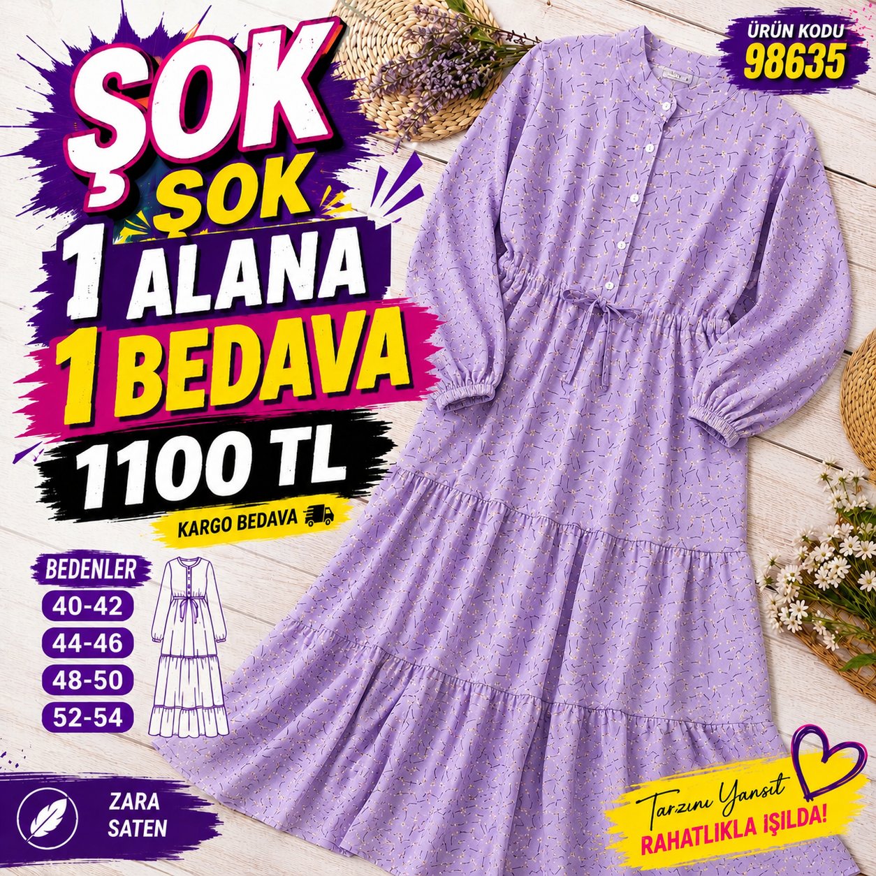 1 ALANA 1 BEDAVA 1100 TL KARGO BEDAVA  ÇİÇEK DENENLİ BELDEN BAĞLAMALI YARIYA KADAR DÜĞMELİ ZARA SATEN KUMAŞ  ELBİSE LİLA 