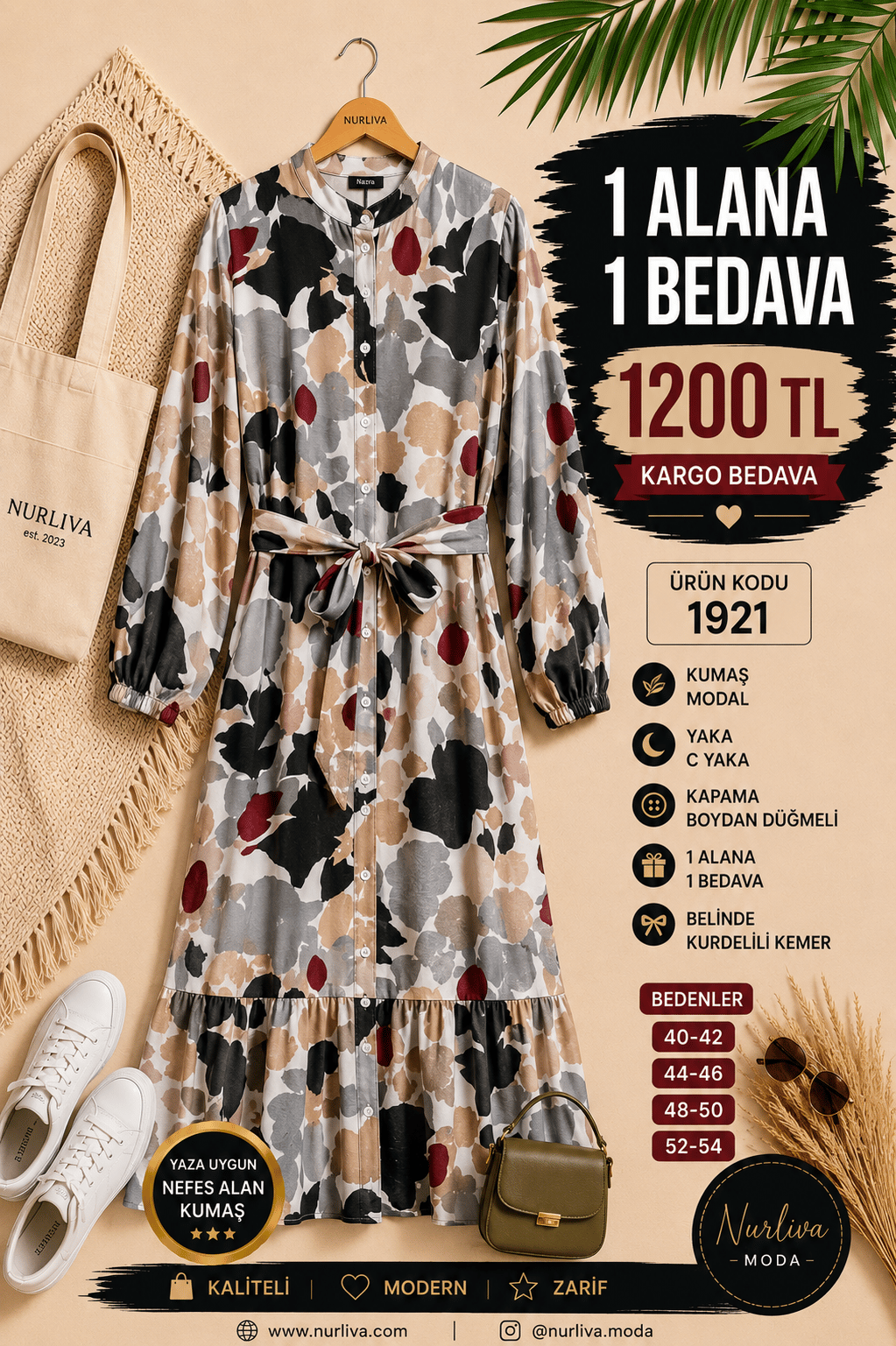1 ALANA 1 BEDAVA 1200 TL KARGO BEDAVA MODAL KUMAŞ BOYDAN DÜĞMELİ SEYYAR KEMERLİ ELBİSE ÇOK RENKLİ 5