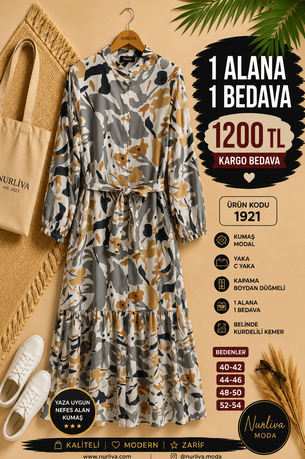 1 ALANA 1 BEDAVA 1200 TL KARGO BEDAVA MODAL KUMAŞ BOYDAN DÜĞMELİ SEYYAR KEMERLİ ELBİSE ÇOK RENKLİ 2